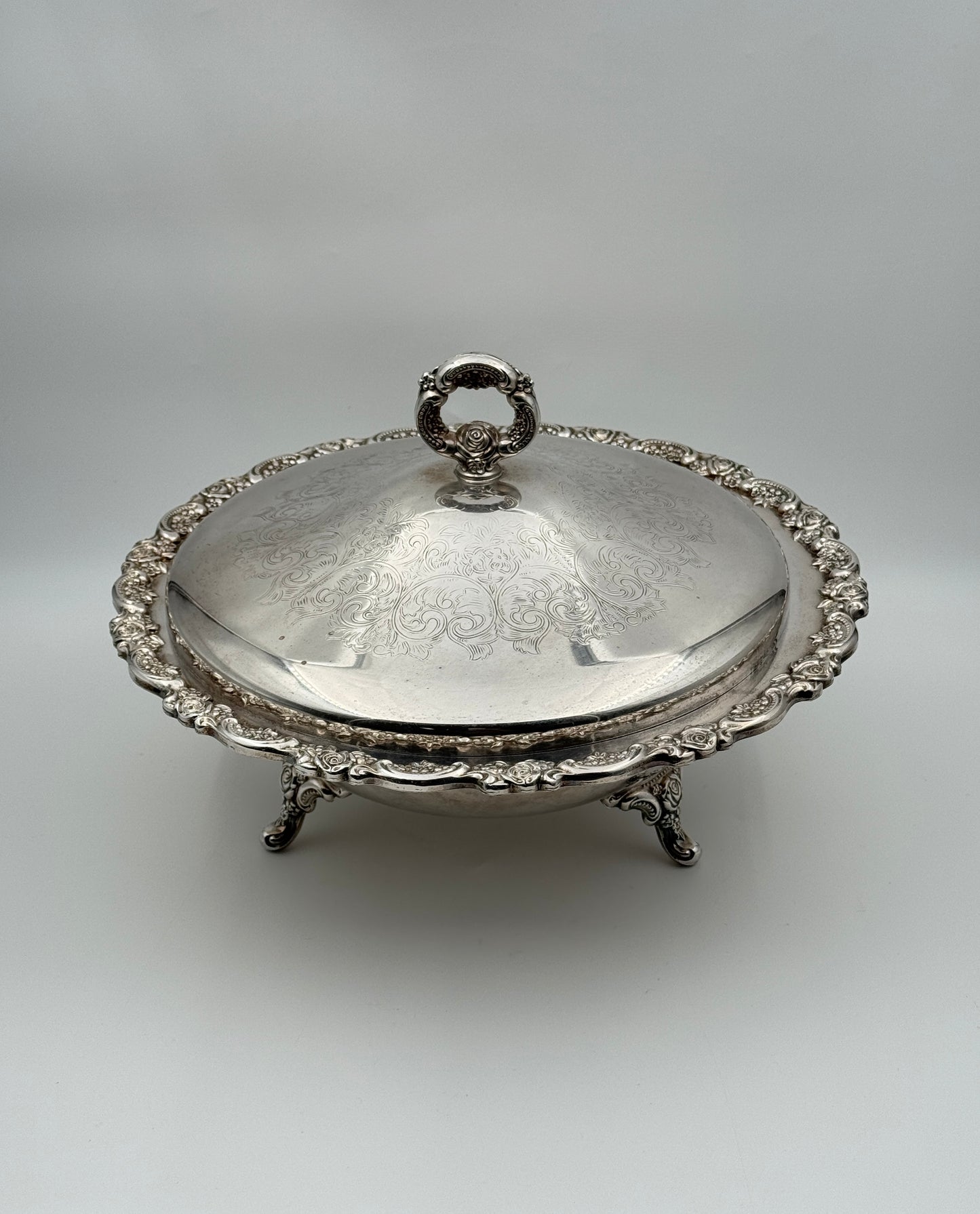Ornate Silverplate Covered Serving Bowl with Glass Insert – Footed