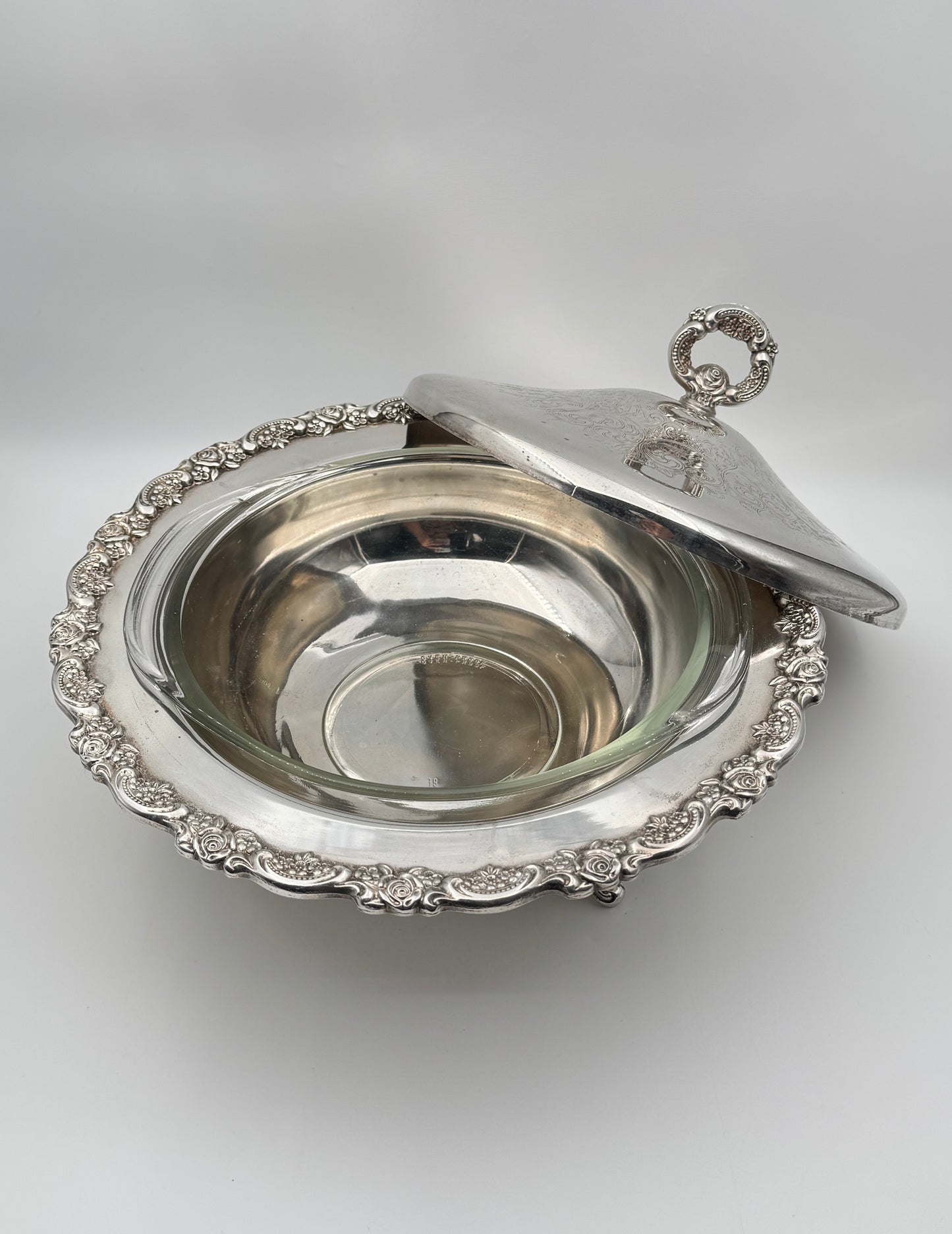 Ornate Silverplate Covered Serving Bowl with Glass Insert – Footed