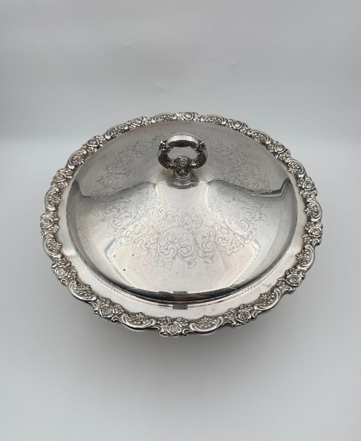 Ornate Silverplate Covered Serving Bowl with Glass Insert – Footed