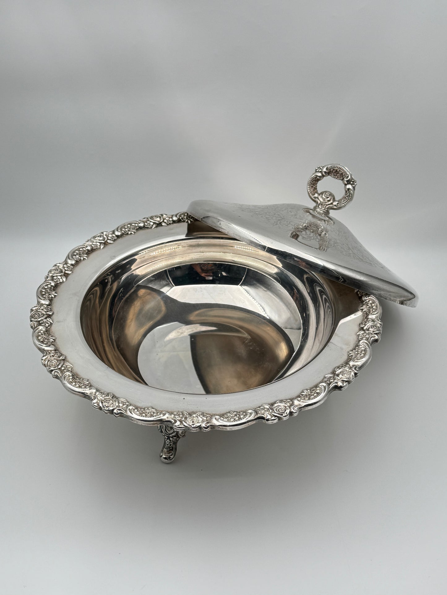 Ornate Silverplate Covered Serving Bowl with Glass Insert – Footed