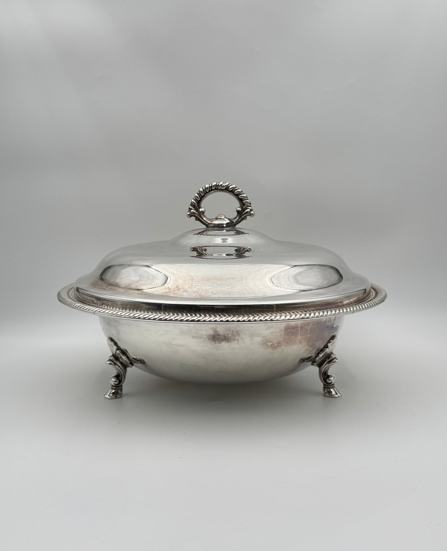 Silverplate Covered Serving Bowl with Glass Insert & Ornate Feet