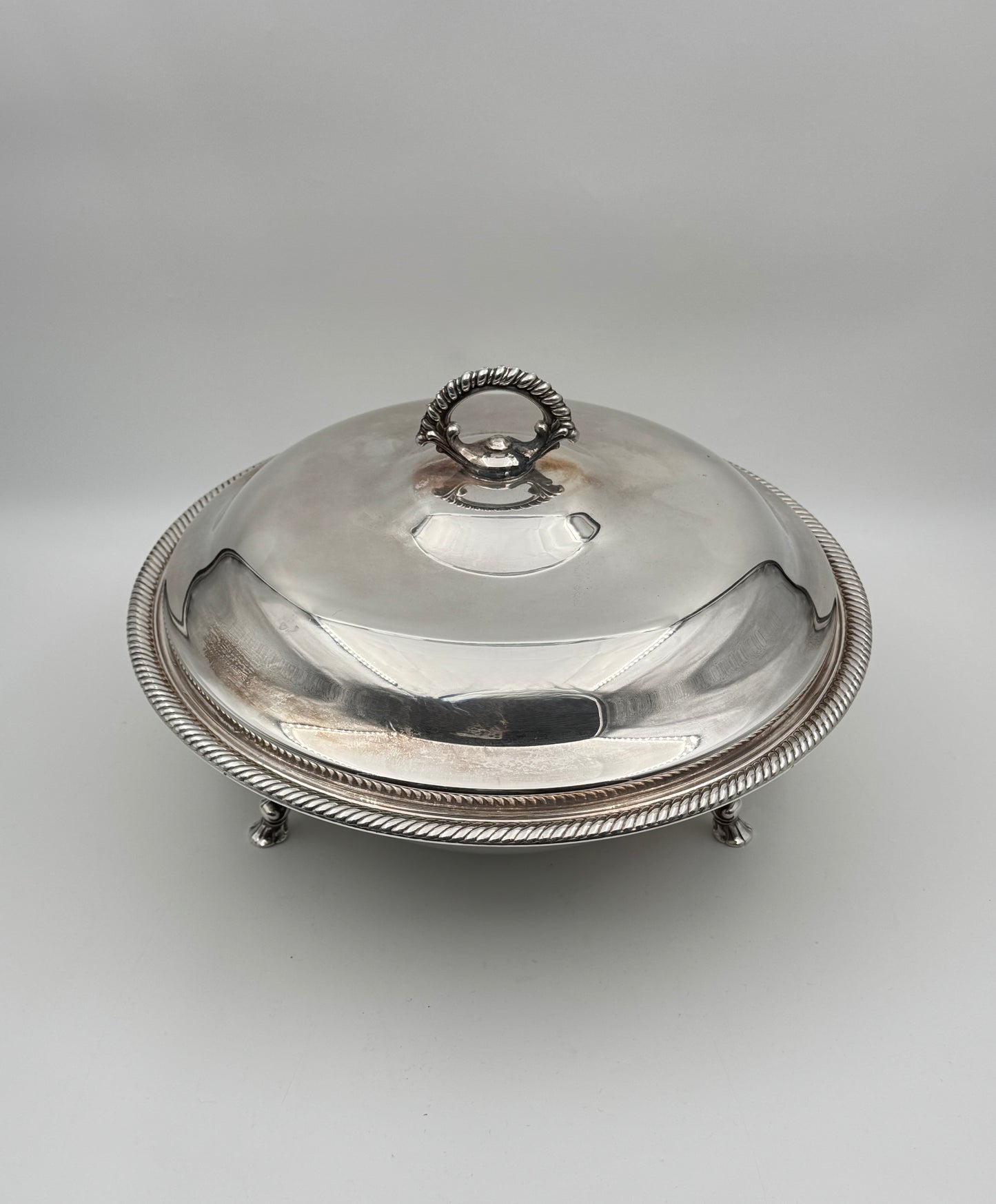 Silverplate Covered Serving Bowl with Glass Insert & Ornate Feet