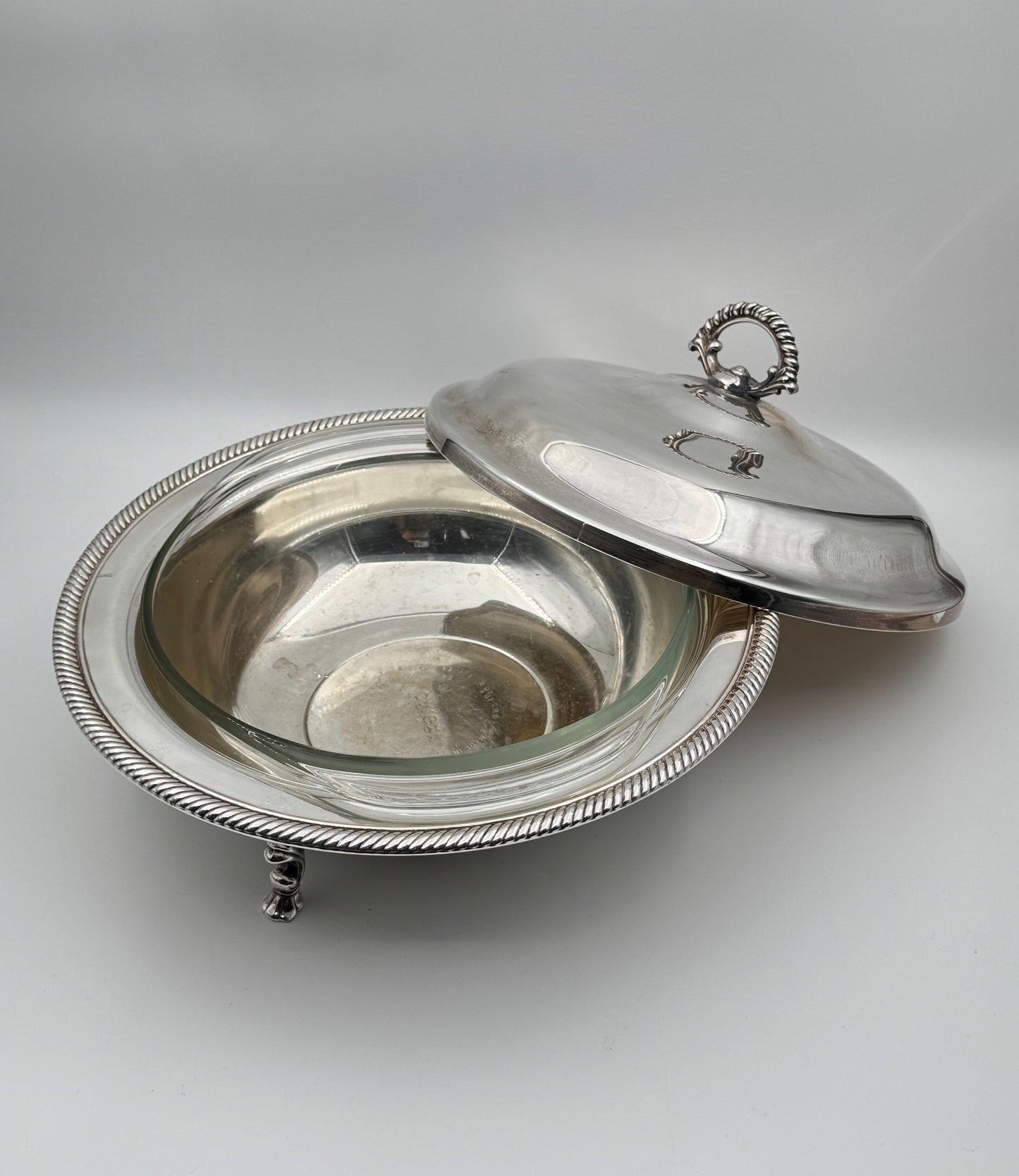 Silverplate Covered Serving Bowl with Glass Insert & Ornate Feet