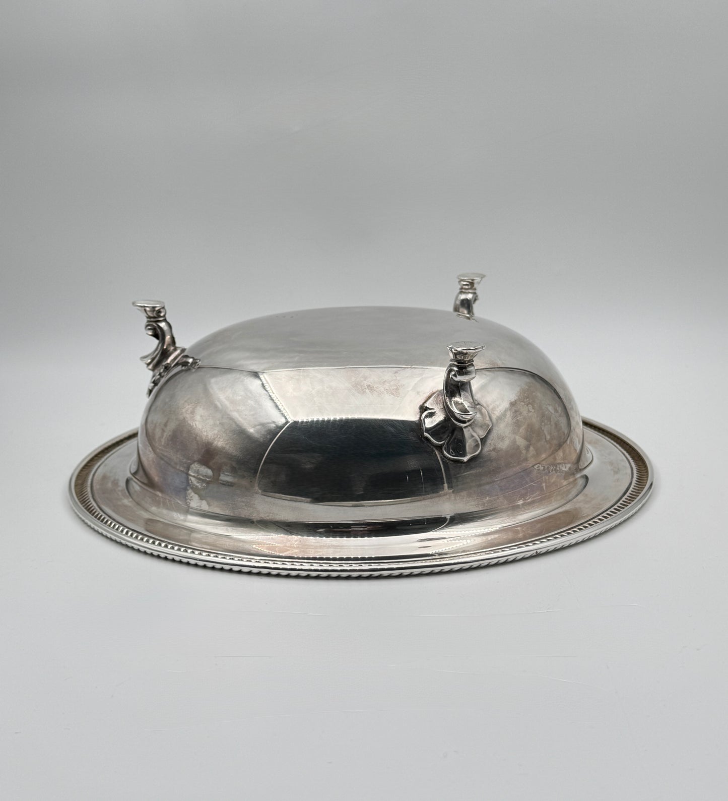 Silverplate Covered Serving Bowl with Glass Insert & Ornate Feet