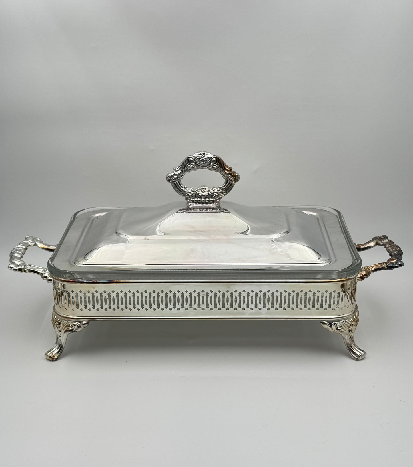 Silverplate Footed Casserole Dish with Lid & Glass Insert – Ornate Handles