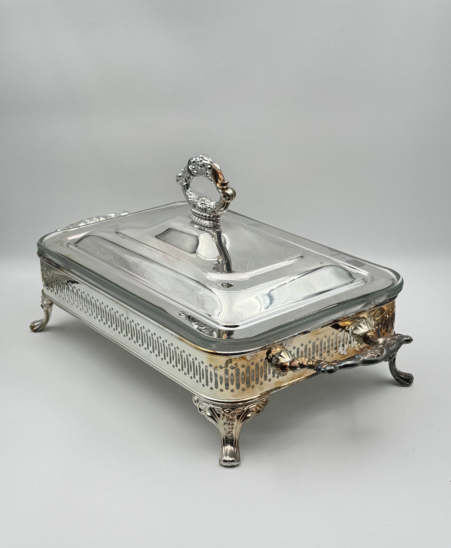 Silverplate Footed Casserole Dish with Lid & Glass Insert – Ornate Handles