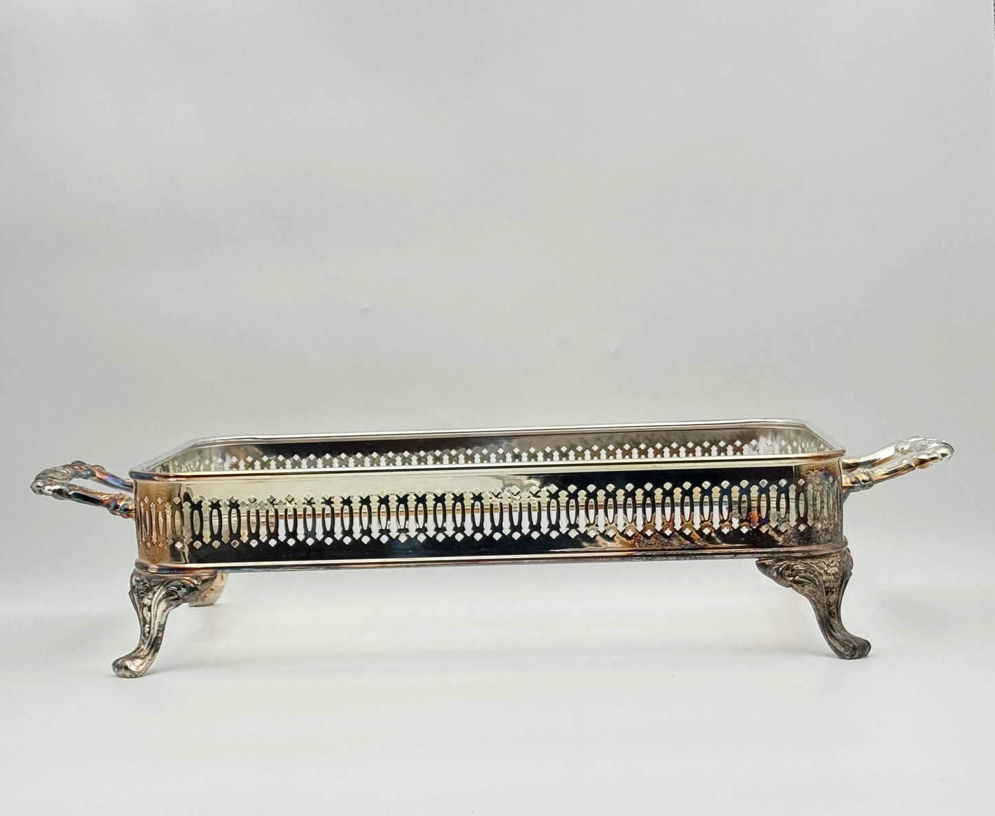 Silverplate Footed Casserole Dish with Lid & Glass Insert – Ornate Handles