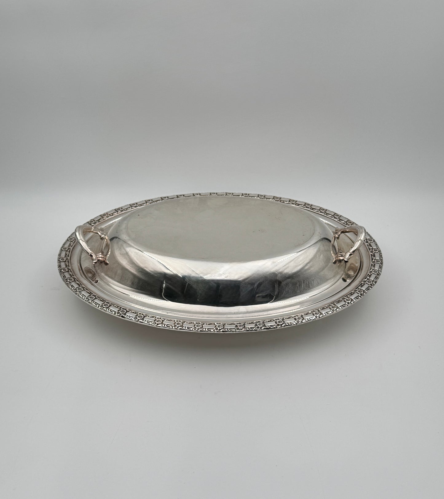 Silverplate Oval Covered Serving Dish with Decorative Rim