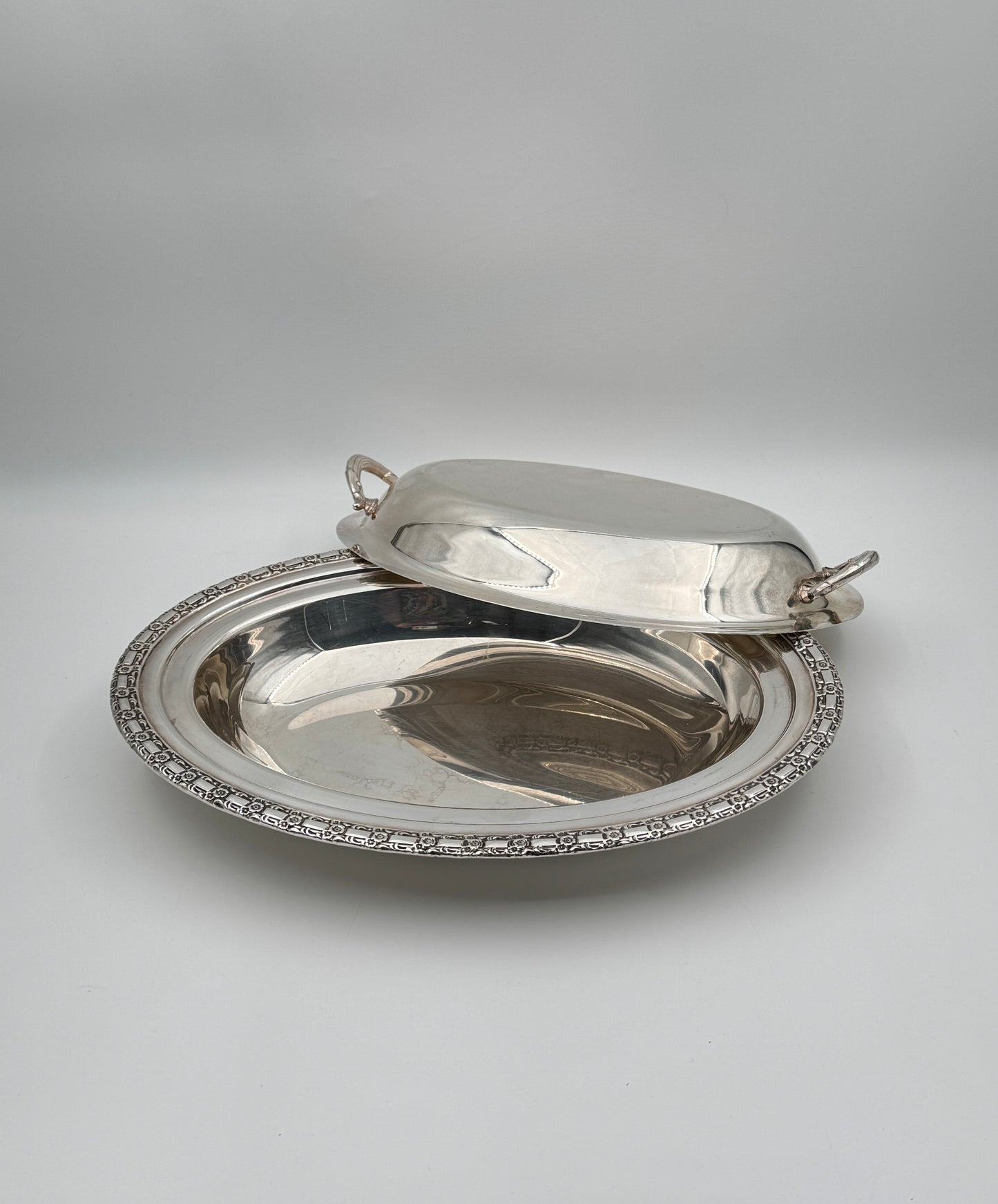 Silverplate Oval Covered Serving Dish with Decorative Rim