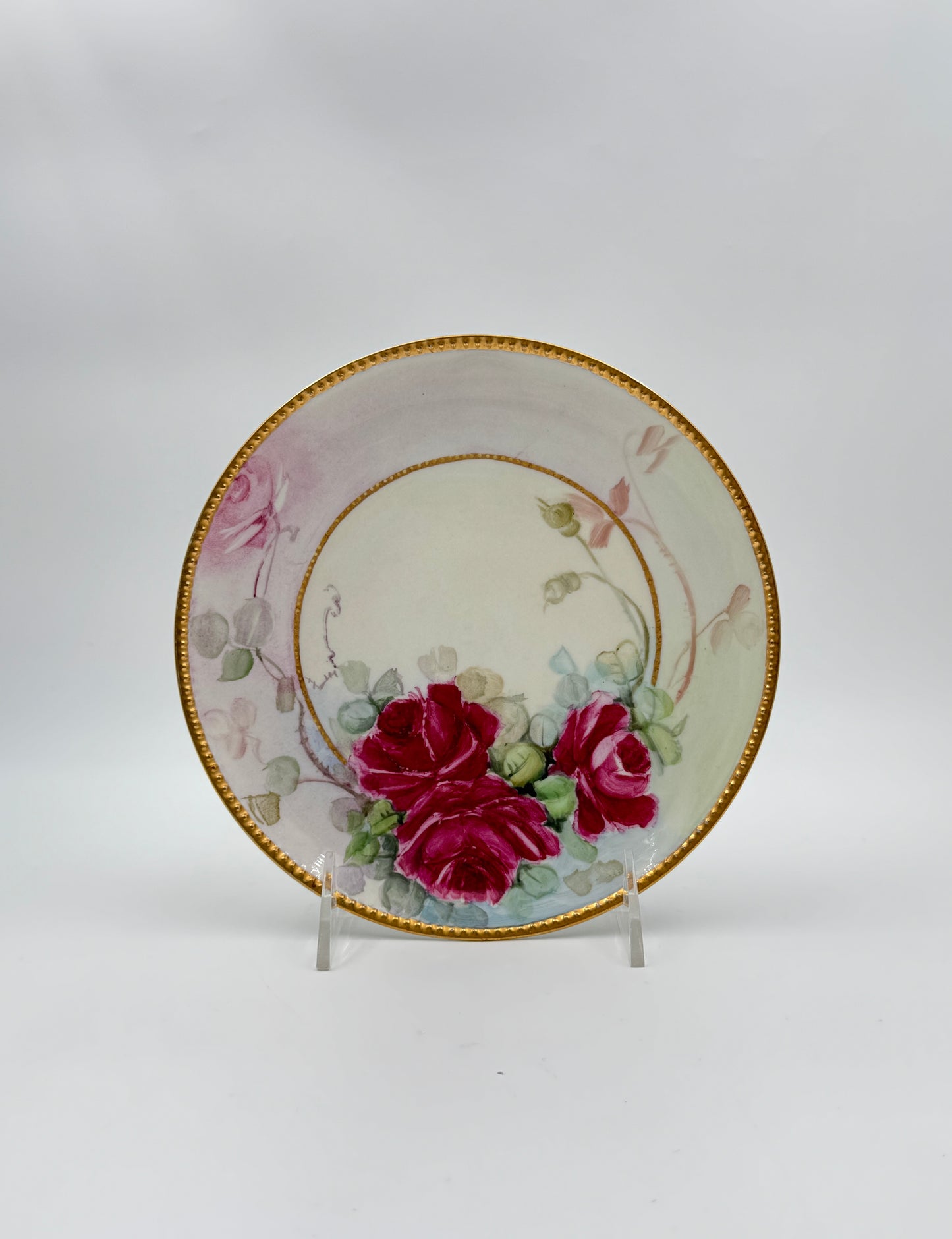 Hand-Painted Haviland France Plate – Red Roses with Gilded & Molded Rim