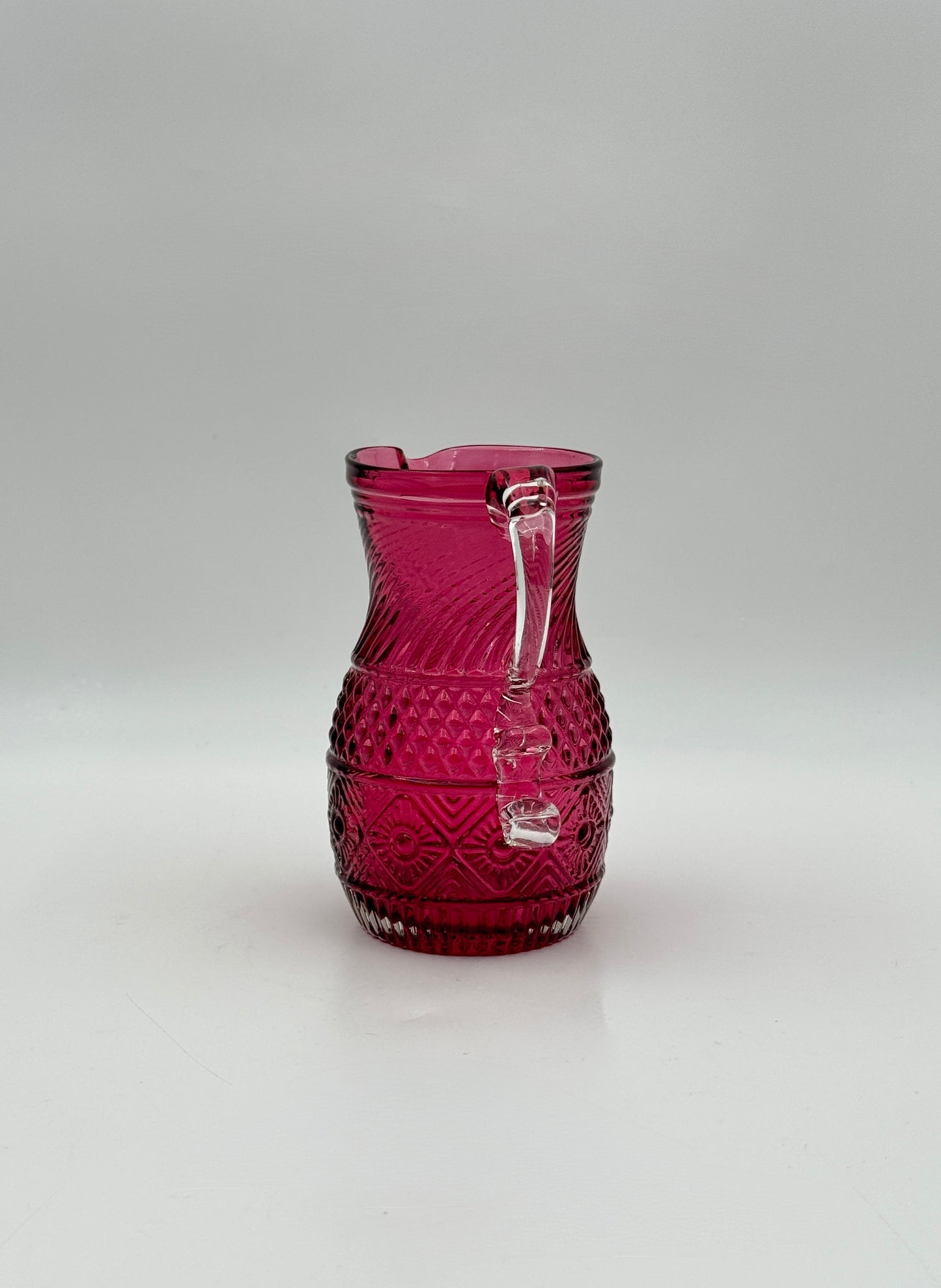 Burgundy Pressed Glass Cream Pitcher with Clear Scroll Handle