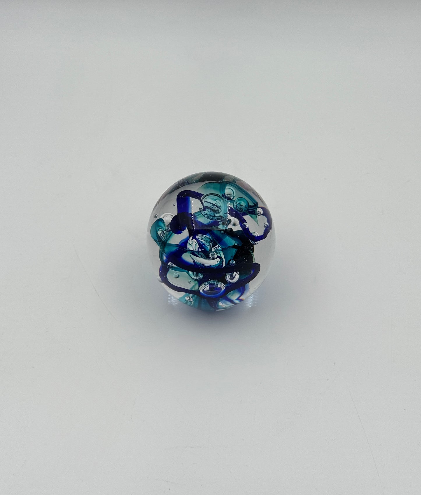 Signed Stephen 1997 Art Glass Paperweight – Blue & Turquoise Swirl