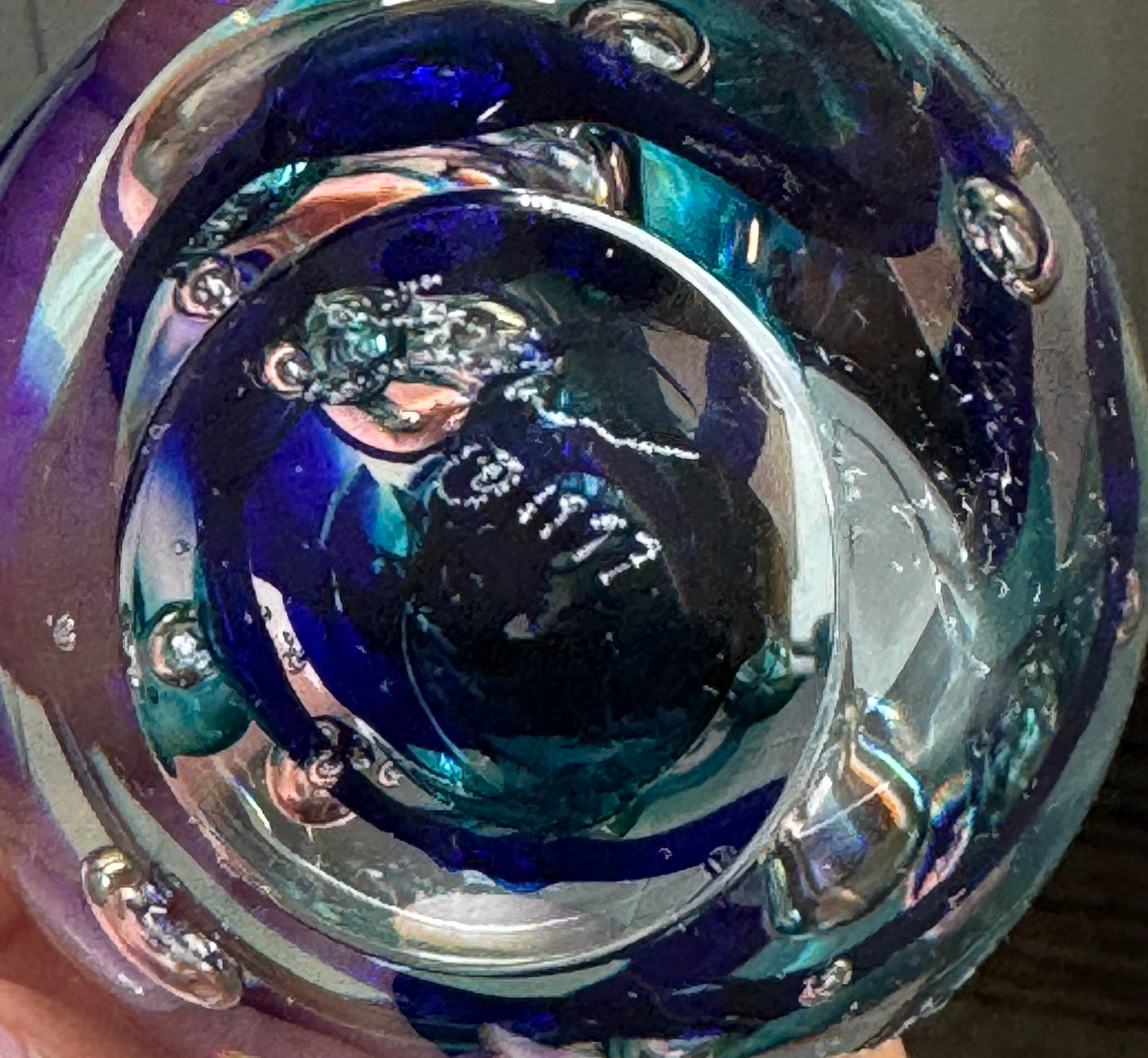 Signed Stephen 1997 Art Glass Paperweight – Blue & Turquoise Swirl
