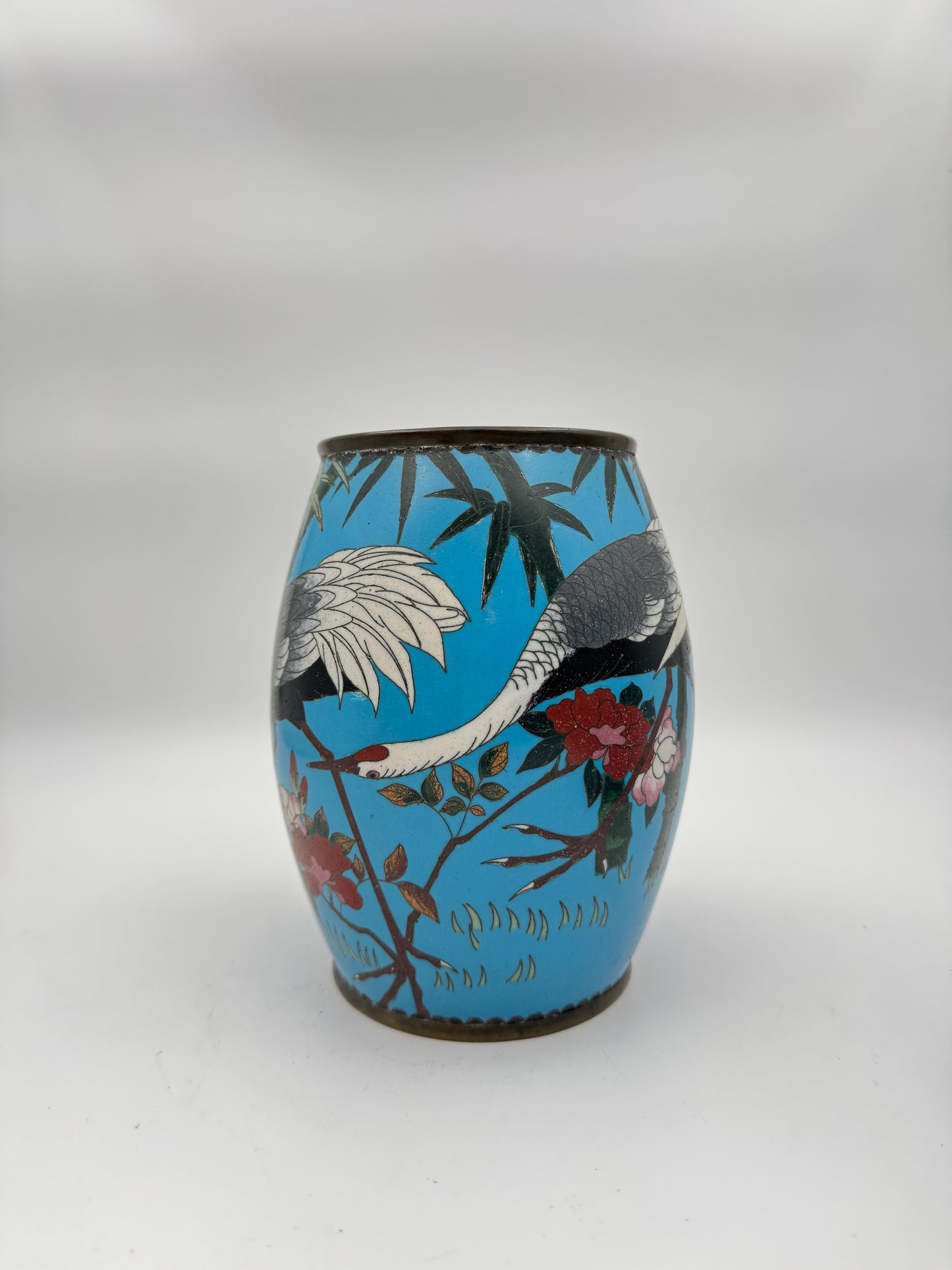 Pair of Vintage Cloisonné Vases with Cranes and Floral Motif