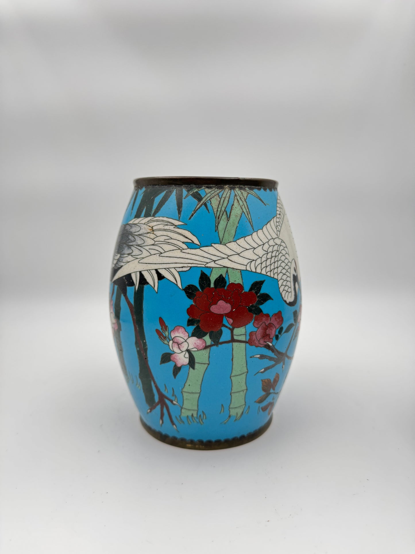 Pair of Vintage Cloisonné Vases with Cranes and Floral Motif