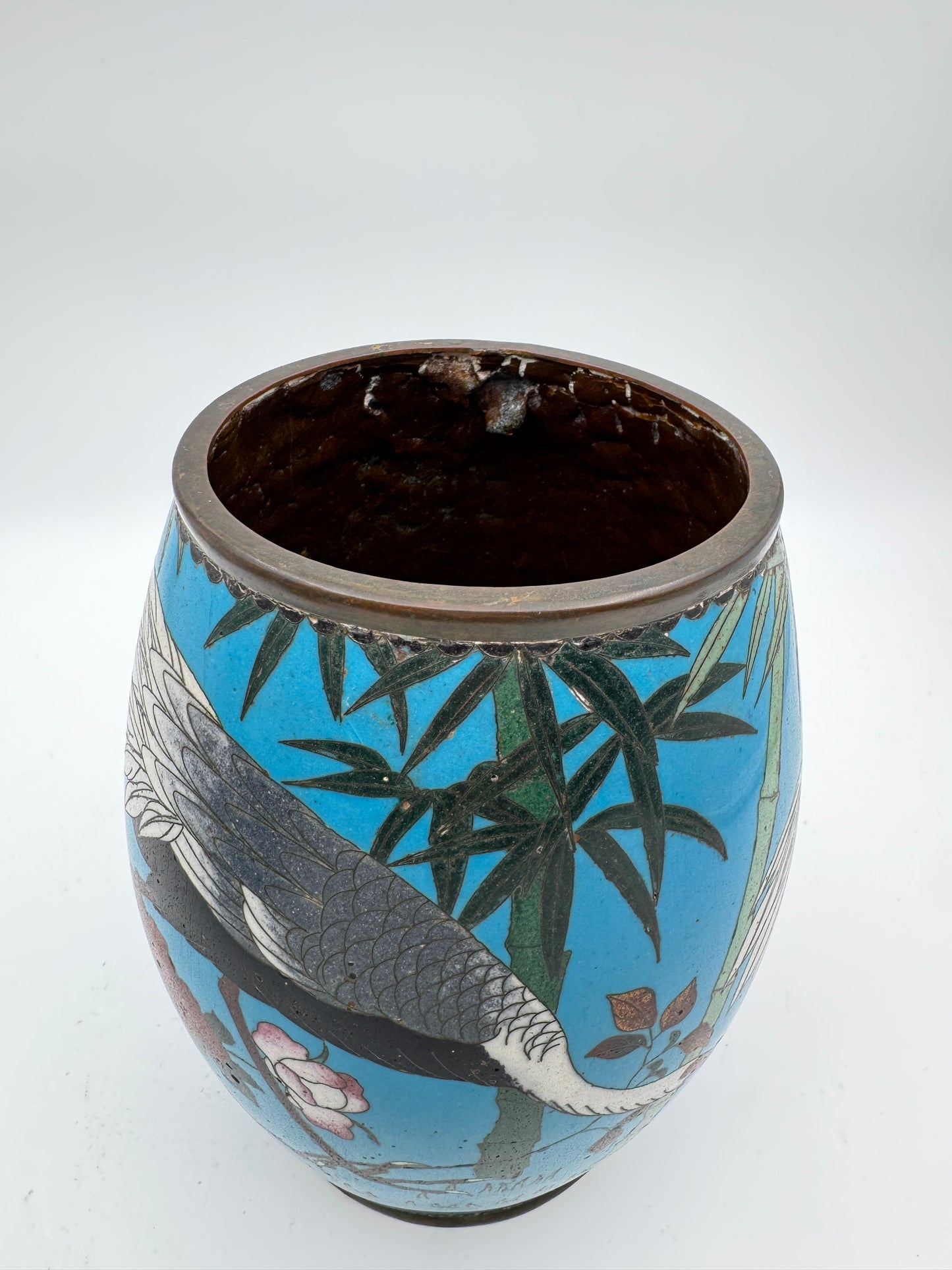 Pair of Vintage Cloisonné Vases with Cranes and Floral Motif