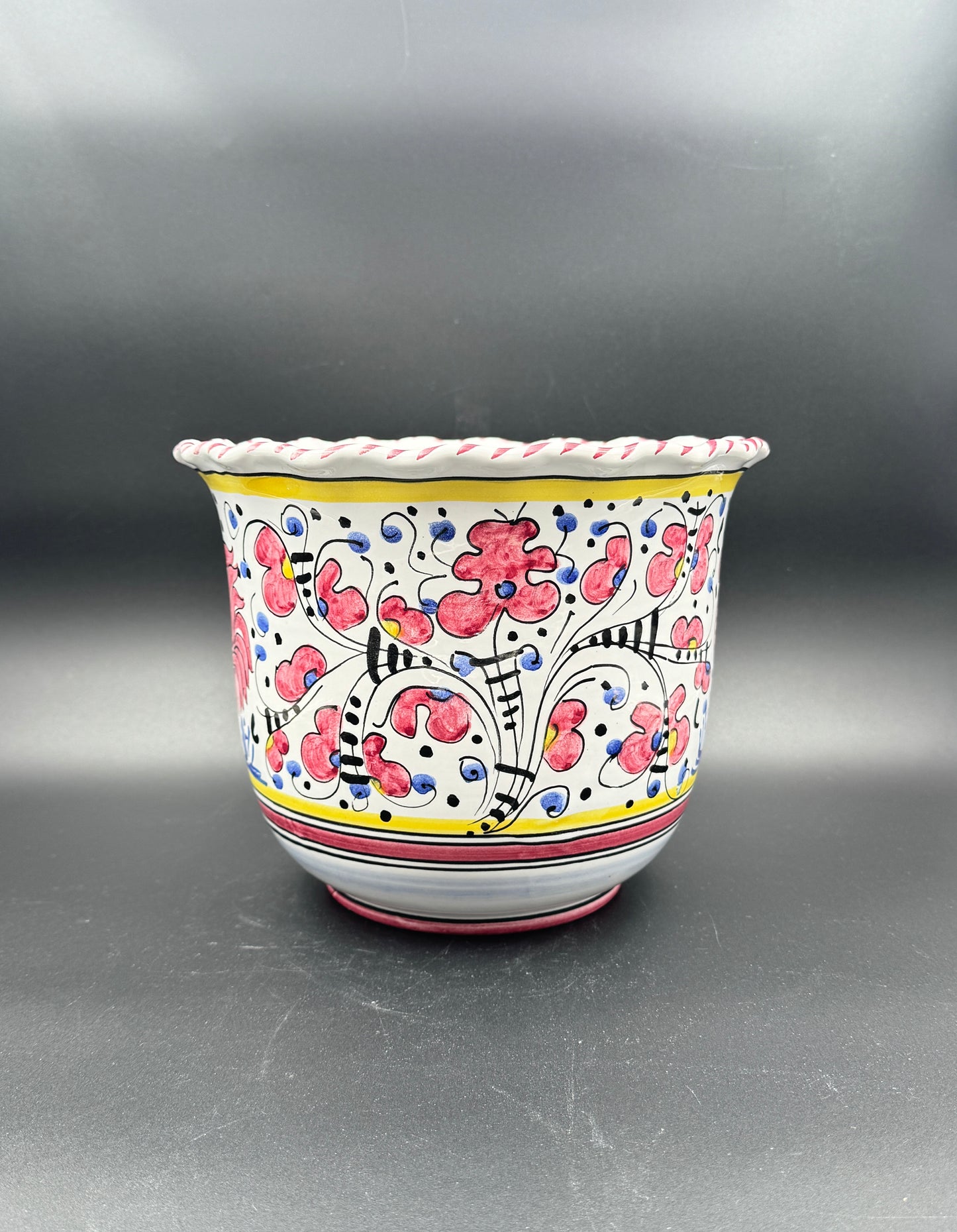 Italian Hand-Painted Rooster & Floral Ceramic Planter