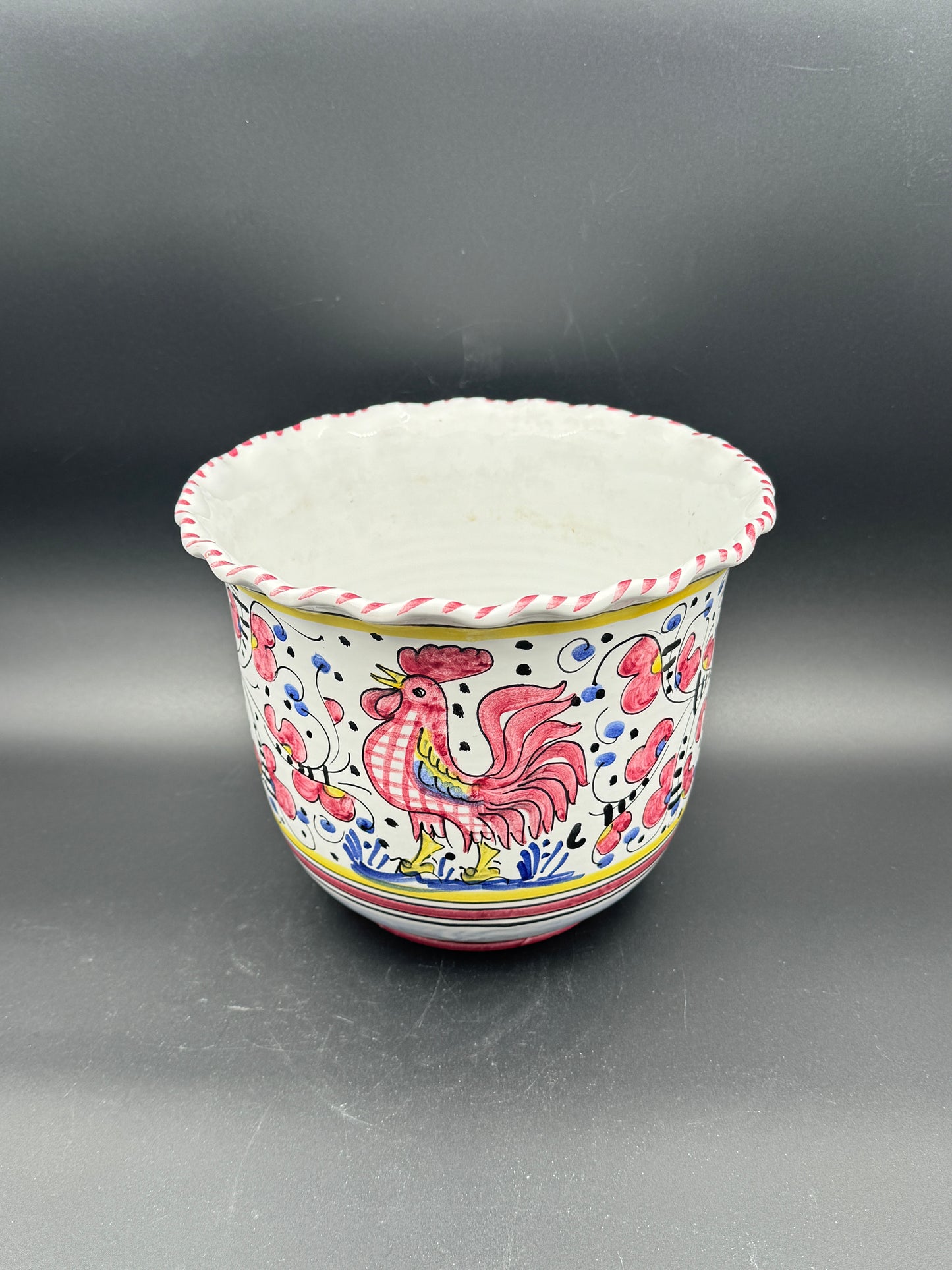 Italian Hand-Painted Rooster & Floral Ceramic Planter