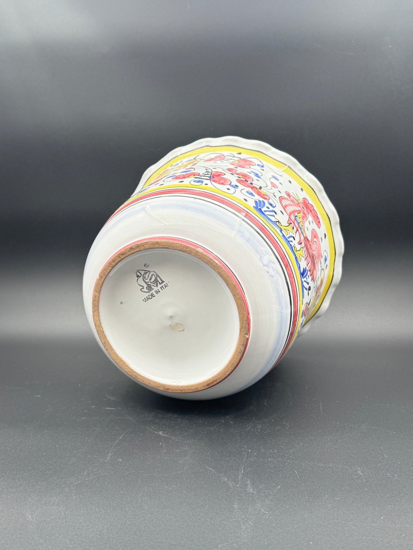 Italian Hand-Painted Rooster & Floral Ceramic Planter