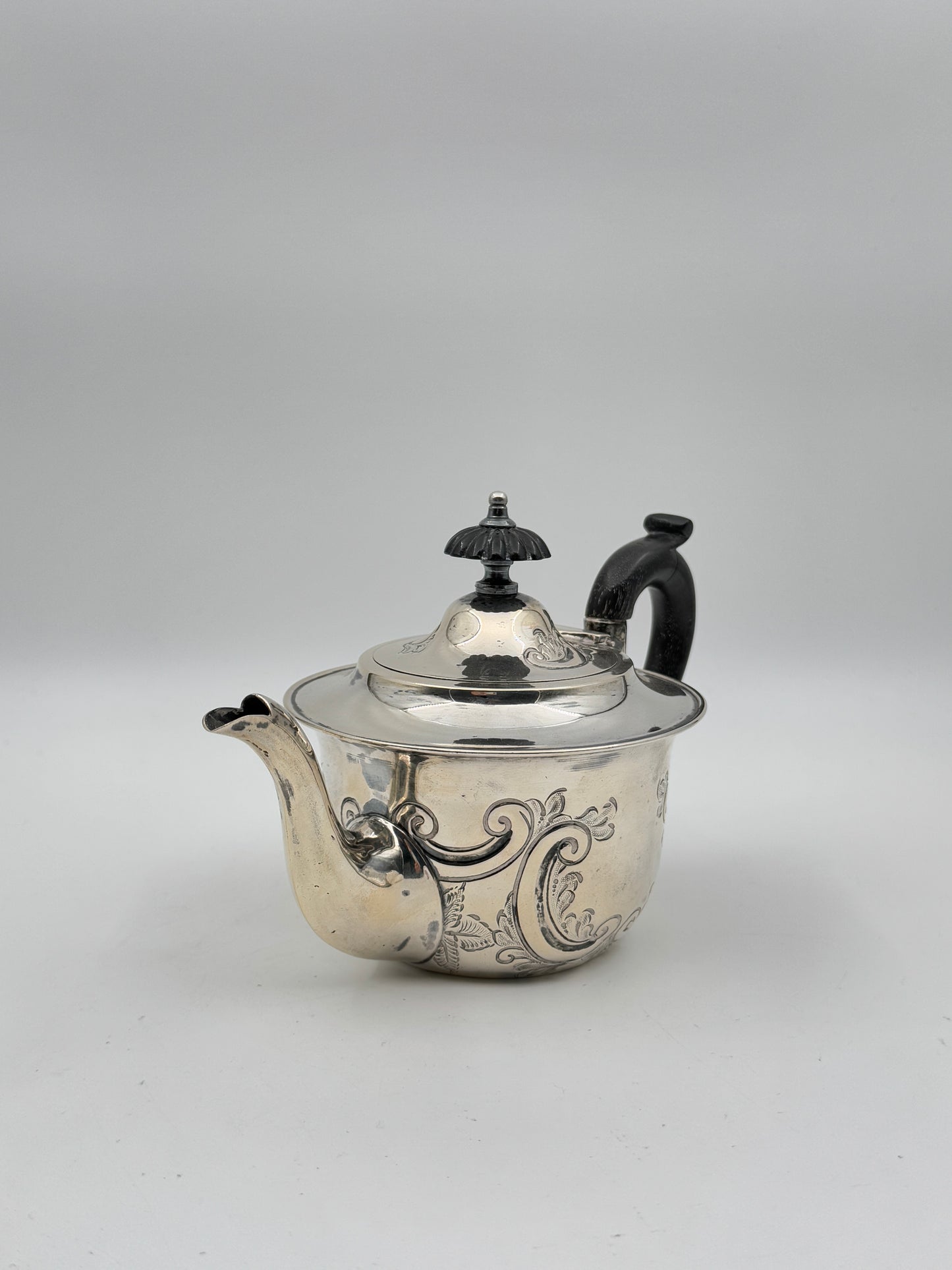 19th Century English Sterling Silver Teapot – Hand-Engraved, Ebony Handle