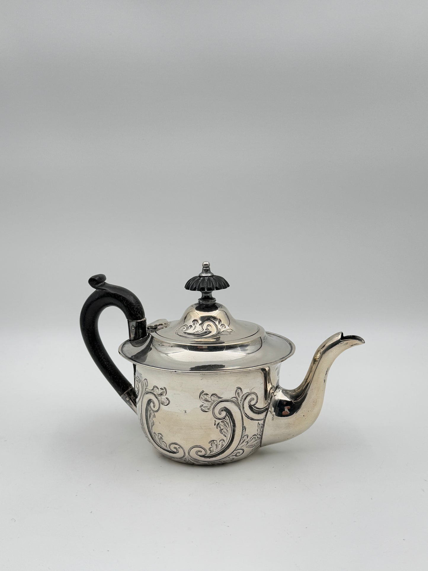 19th Century English Sterling Silver Teapot – Hand-Engraved, Ebony Handle