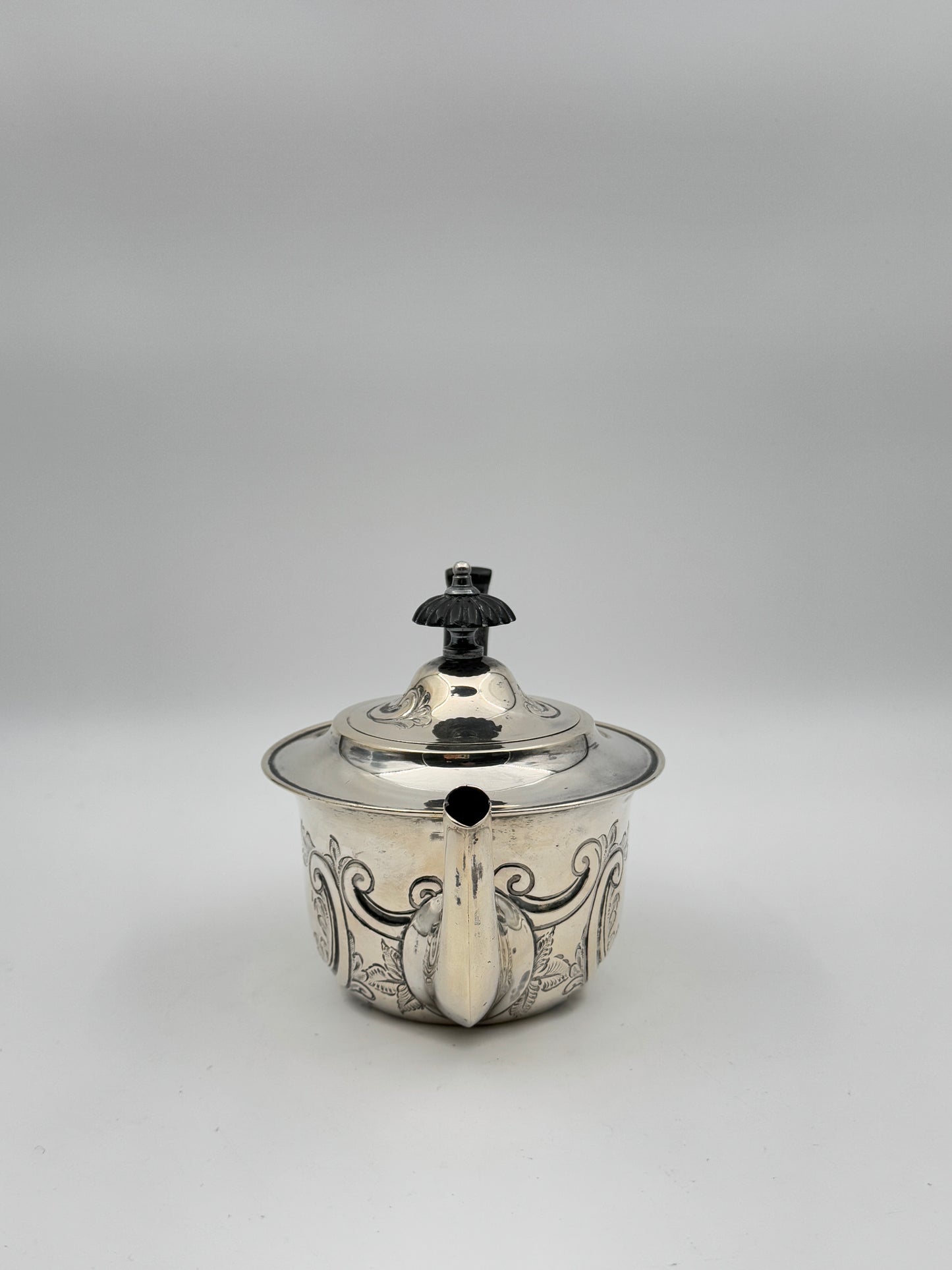 19th Century English Sterling Silver Teapot – Hand-Engraved, Ebony Handle