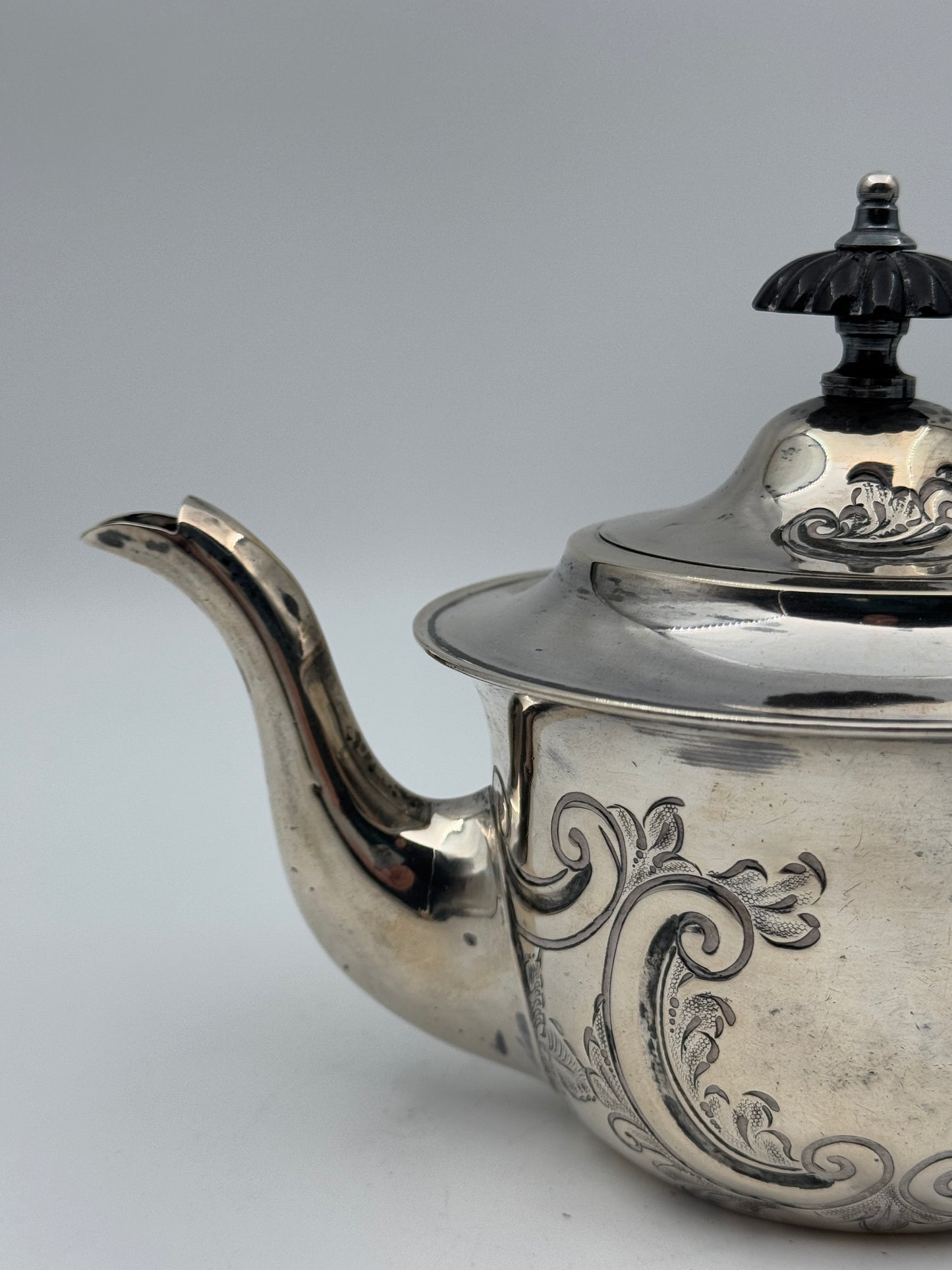 19th Century English Sterling Silver Teapot – Hand-Engraved, Ebony Handle