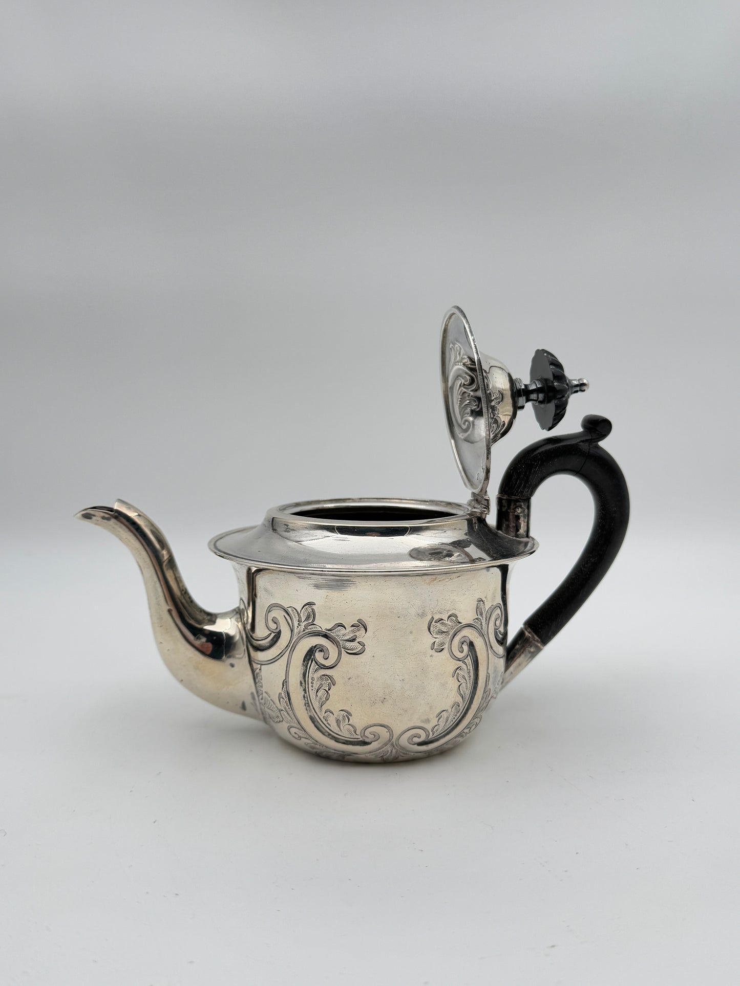 19th Century English Sterling Silver Teapot – Hand-Engraved, Ebony Handle