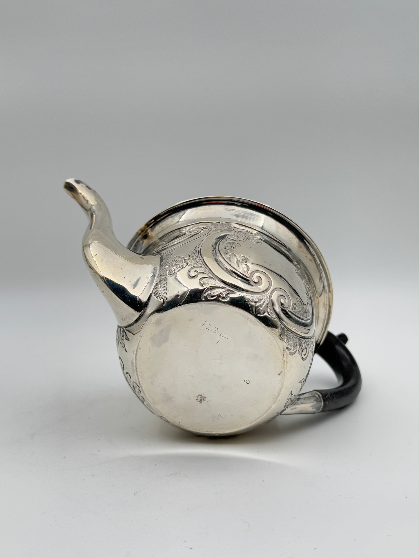 19th Century English Sterling Silver Teapot – Hand-Engraved, Ebony Handle