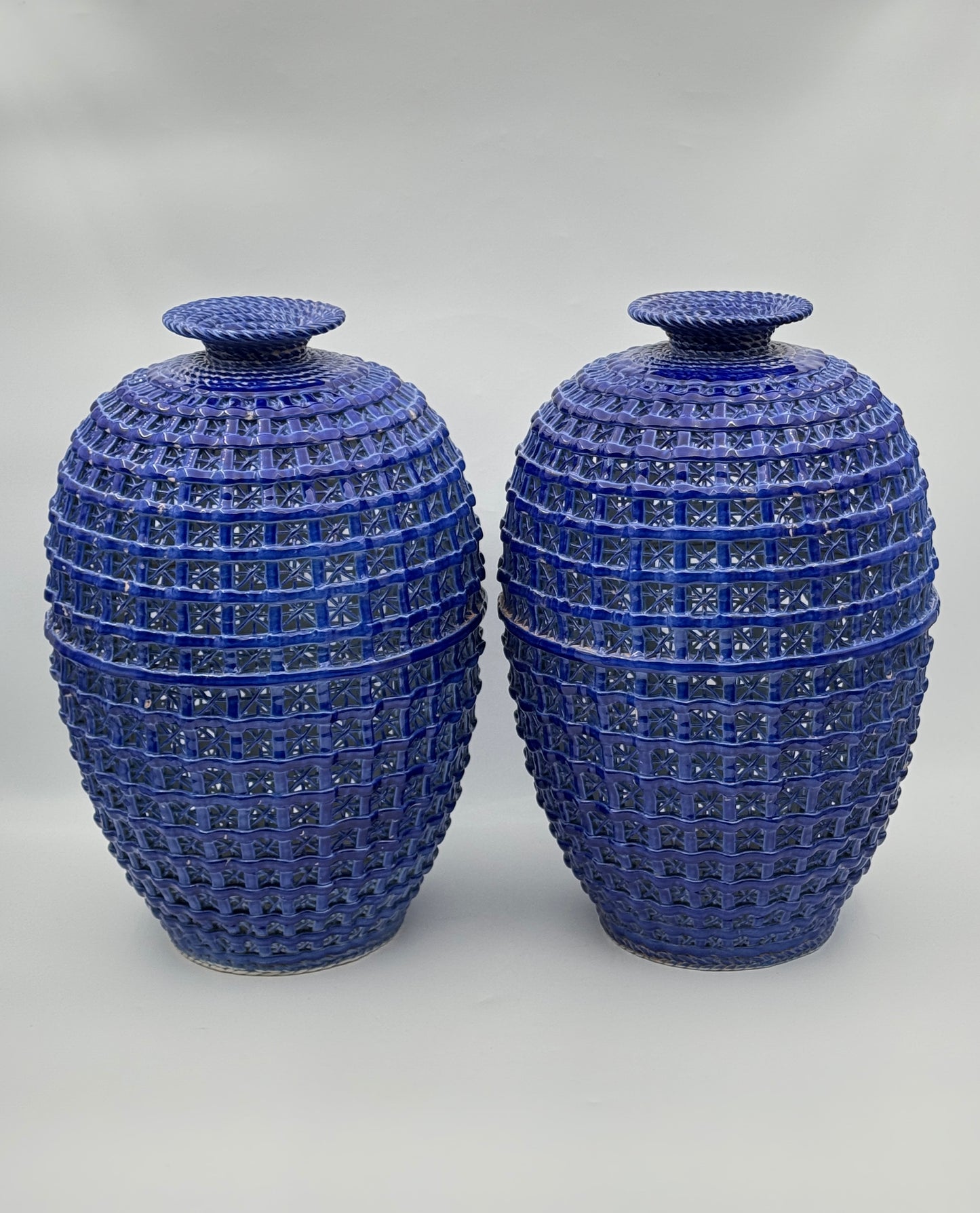 Pair of Chinese Woven Porcelain Vases with Silk Boxes