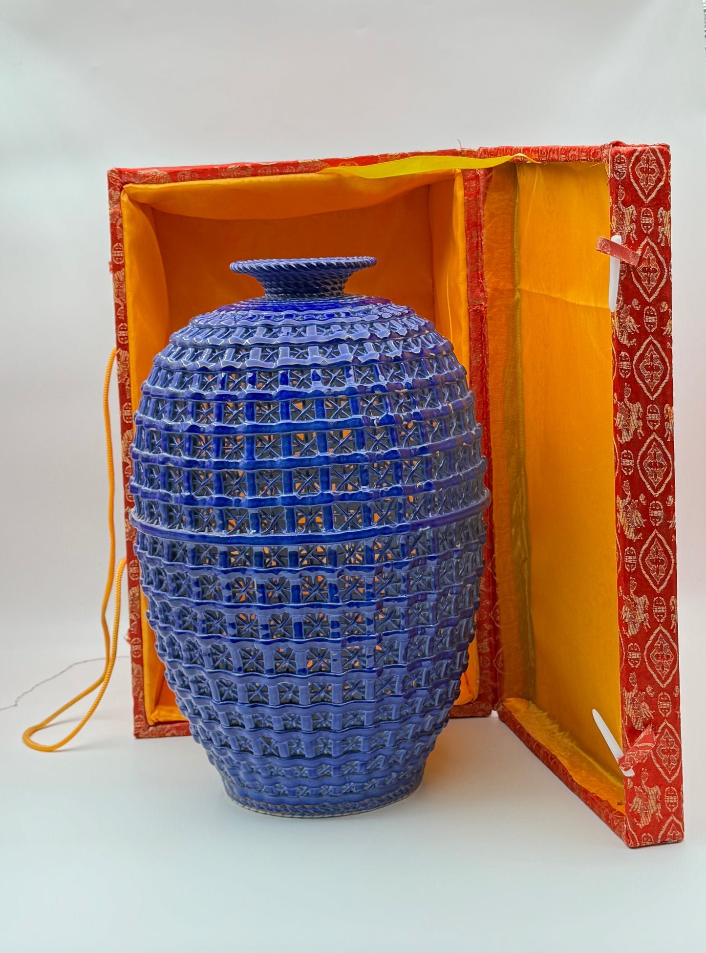 Pair of Chinese Woven Porcelain Vases with Silk Boxes