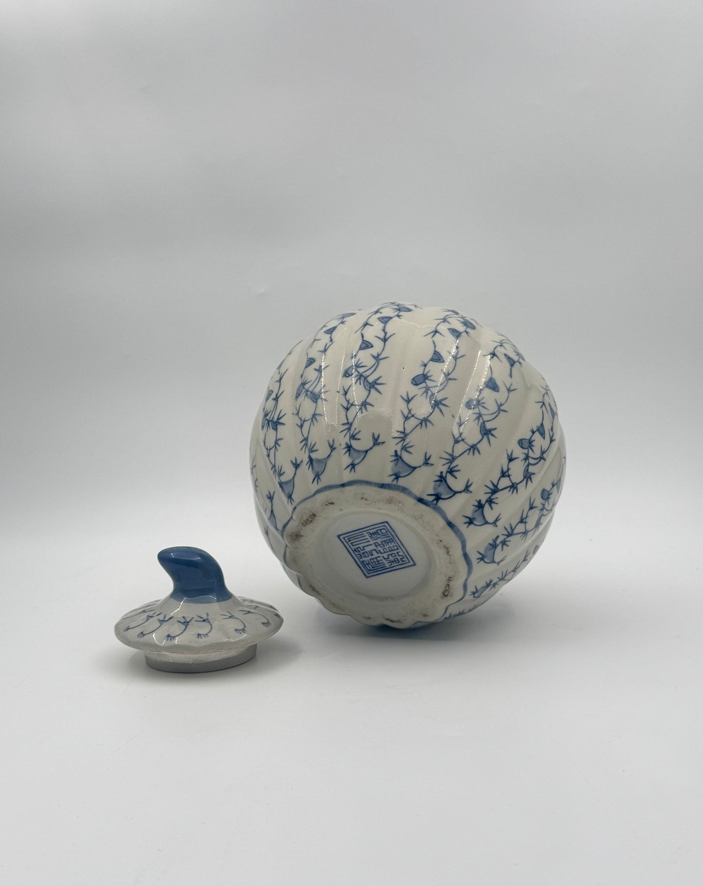 Blue and White Pumpkin-Shaped Jar with Lid