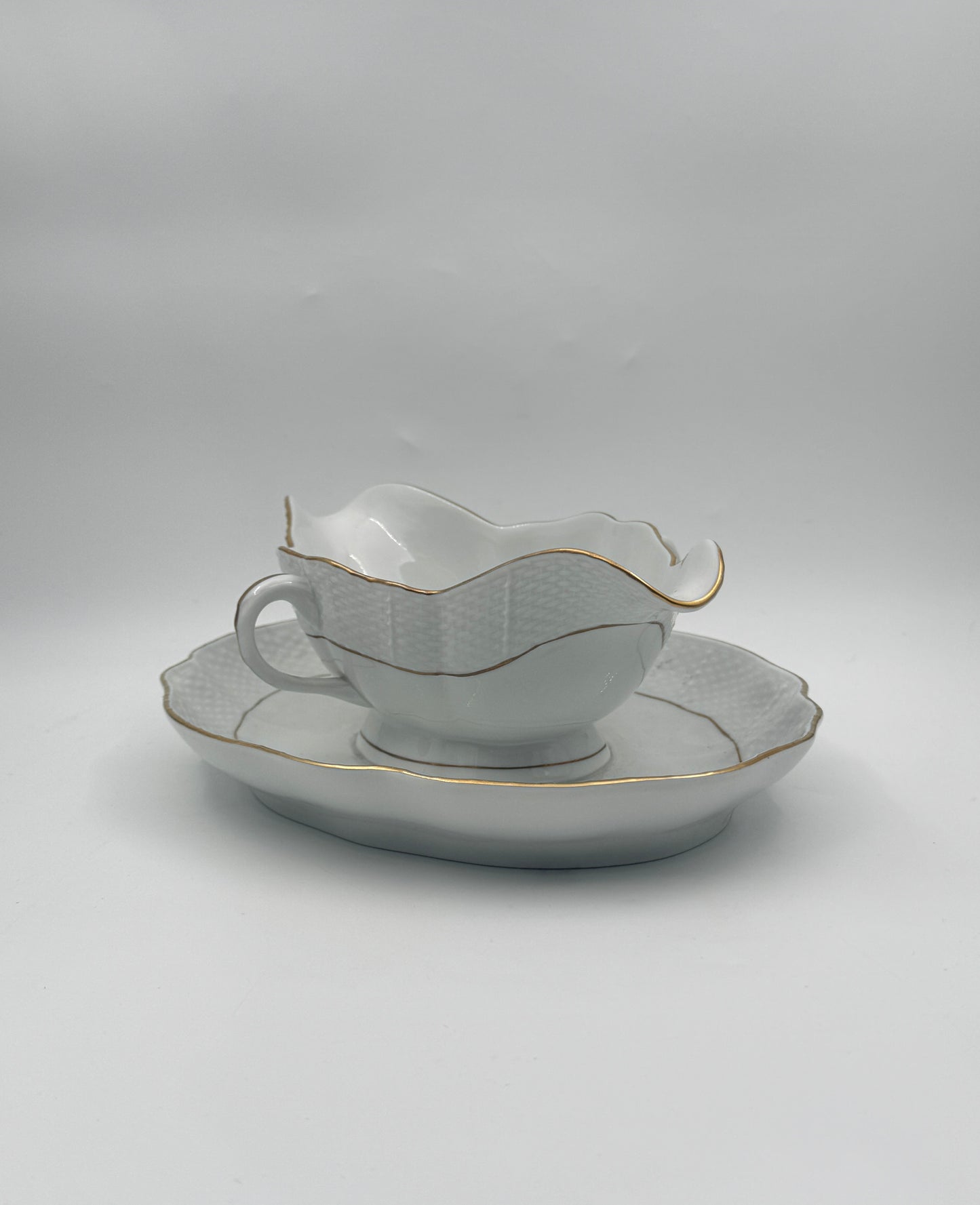 Herend Gravy Boat – White with Gold Rim, Double Handle, Attached Underplate