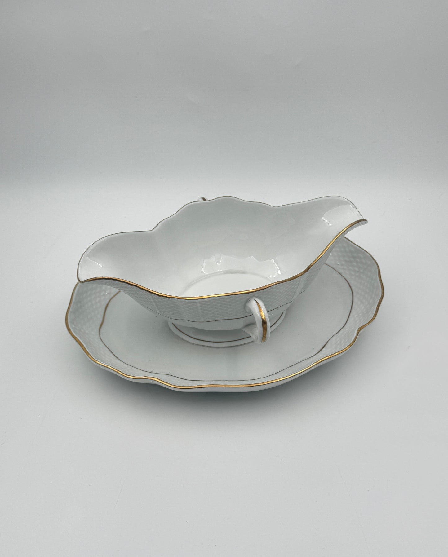 Herend Gravy Boat – White with Gold Rim, Double Handle, Attached Underplate
