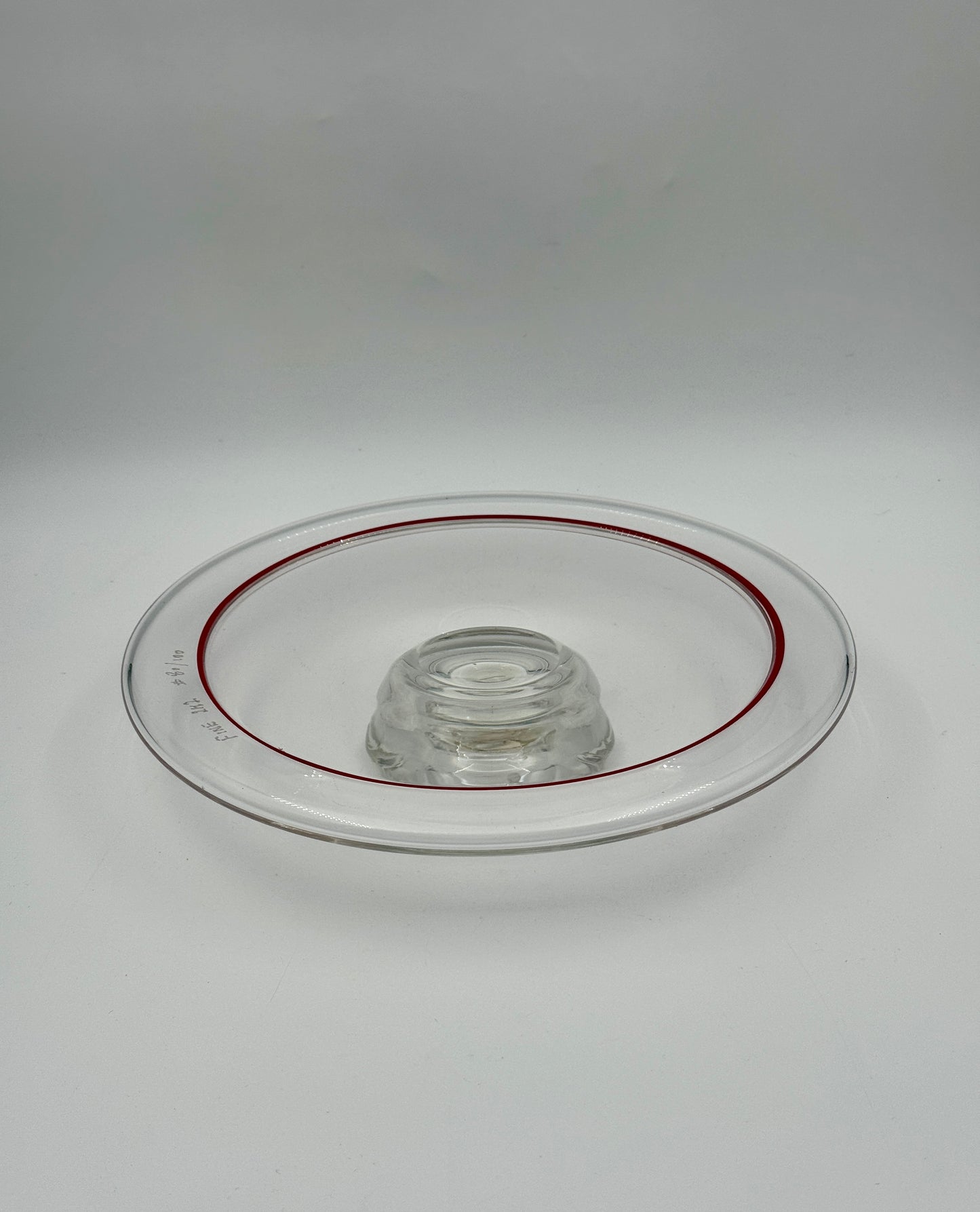 Mid-Century Art Glass Pedestal Stand – Clear with Red Rim