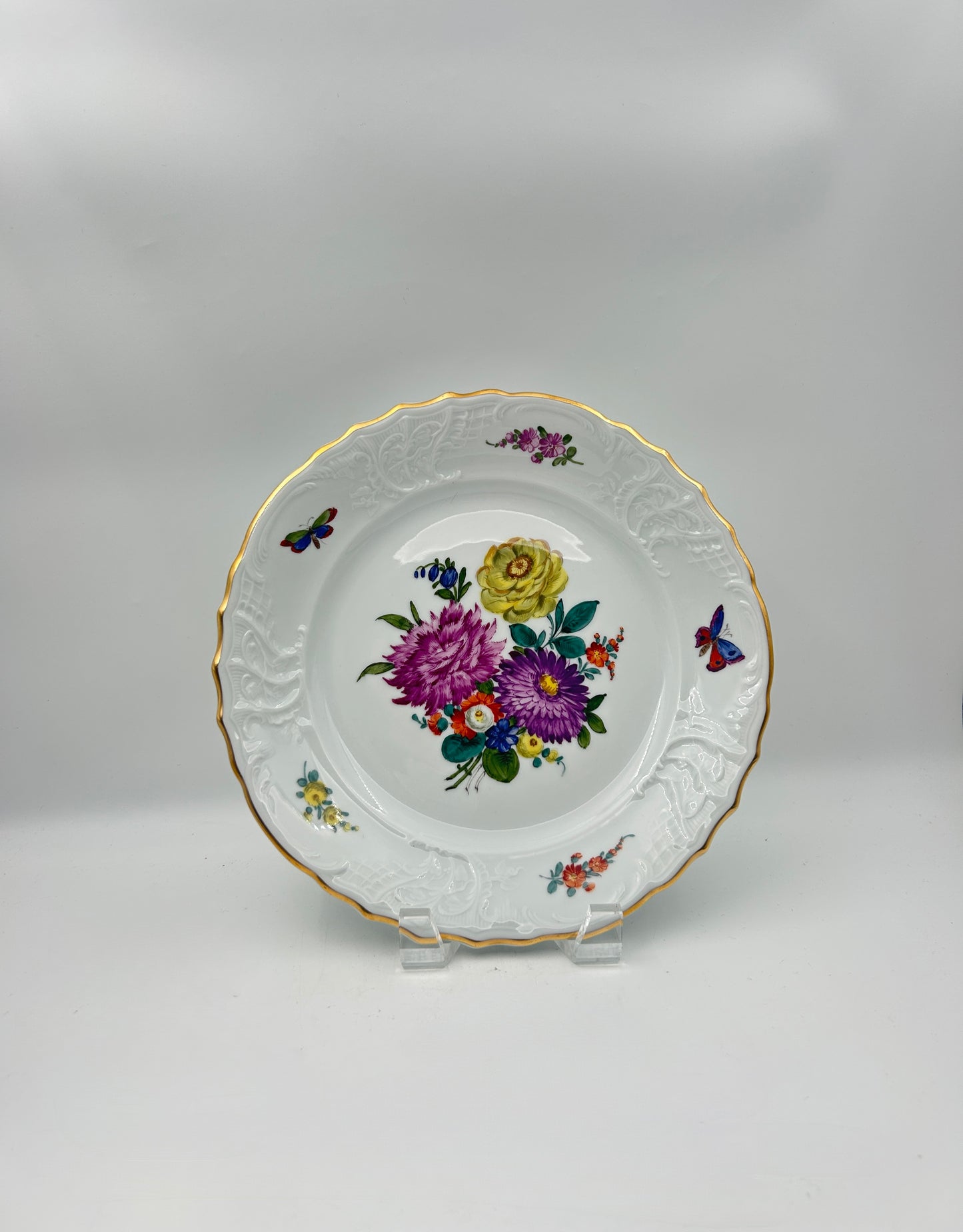 Set of 10 Fraureuth Dessert Plates – Hand Painted Floral, Gilt Rim – Saxony, c.1900