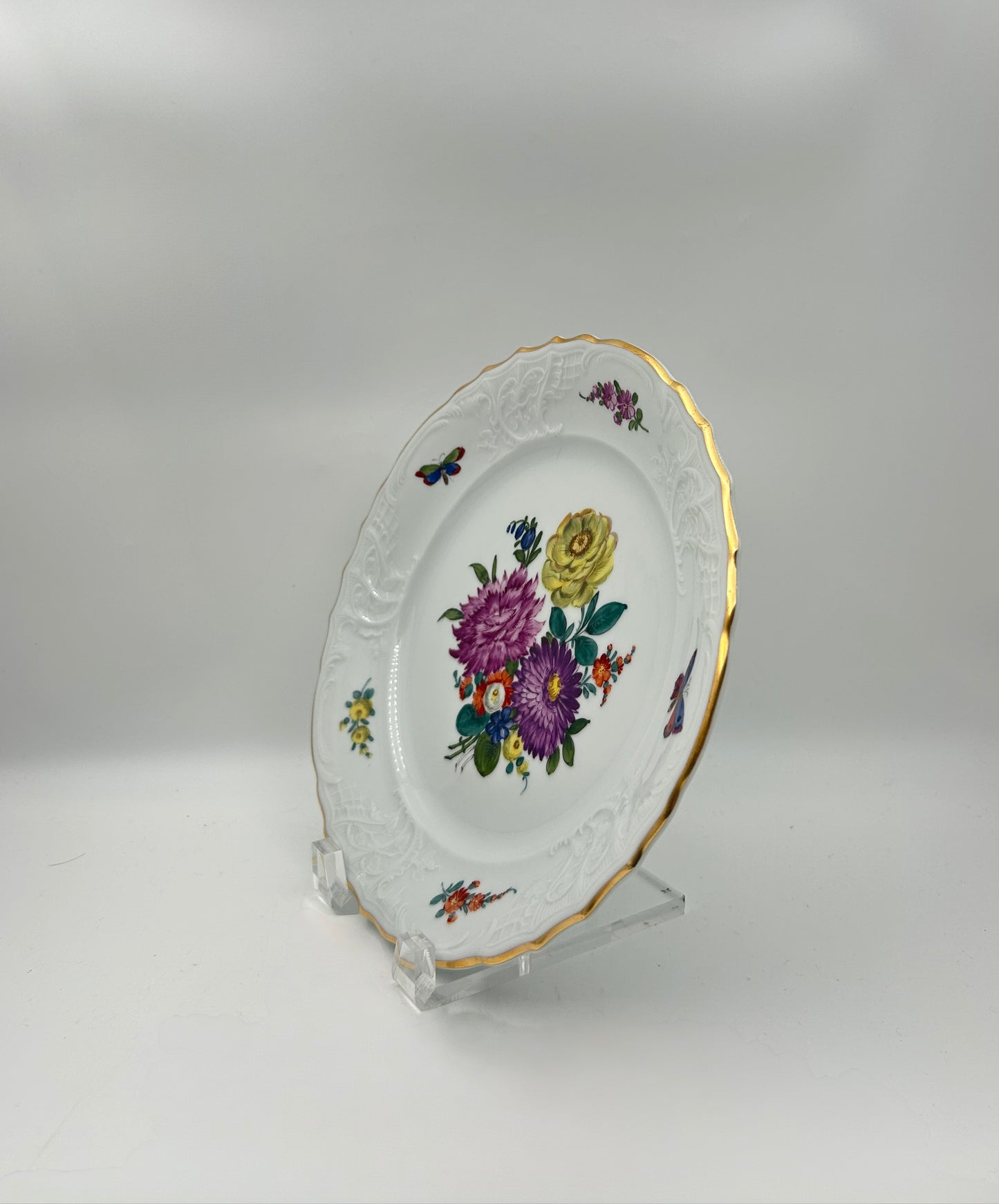 Set of 10 Fraureuth Dessert Plates – Hand Painted Floral, Gilt Rim – Saxony, c.1900
