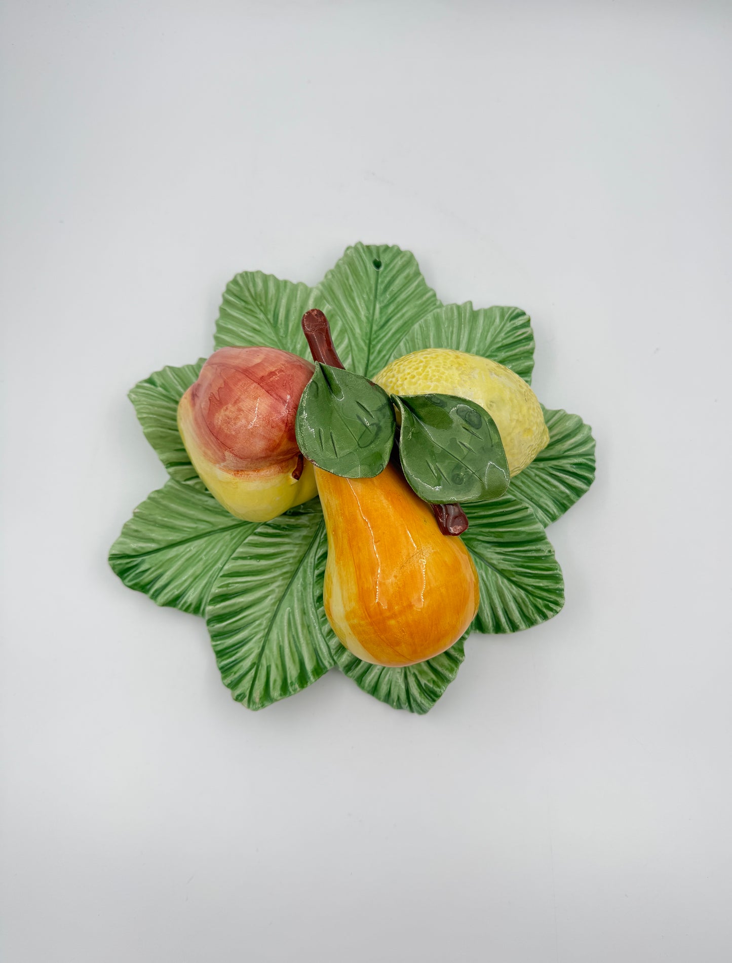 Italian Majolica Wall Hanging Fruit Plaque – Hand-Painted Lemon, Pear & Apple