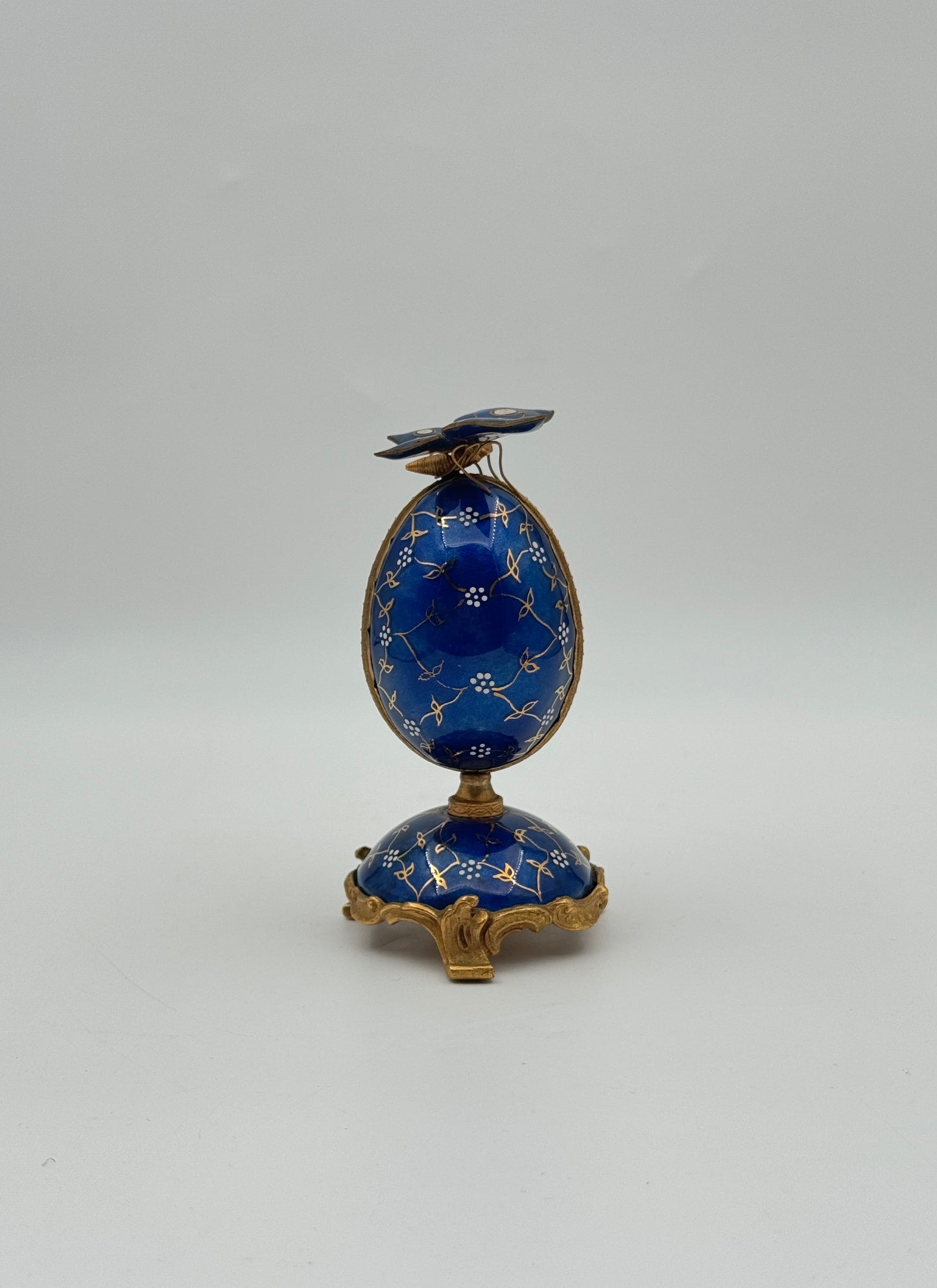 Blue Enamel Egg Clock with Butterfly Top – Gilt Accents