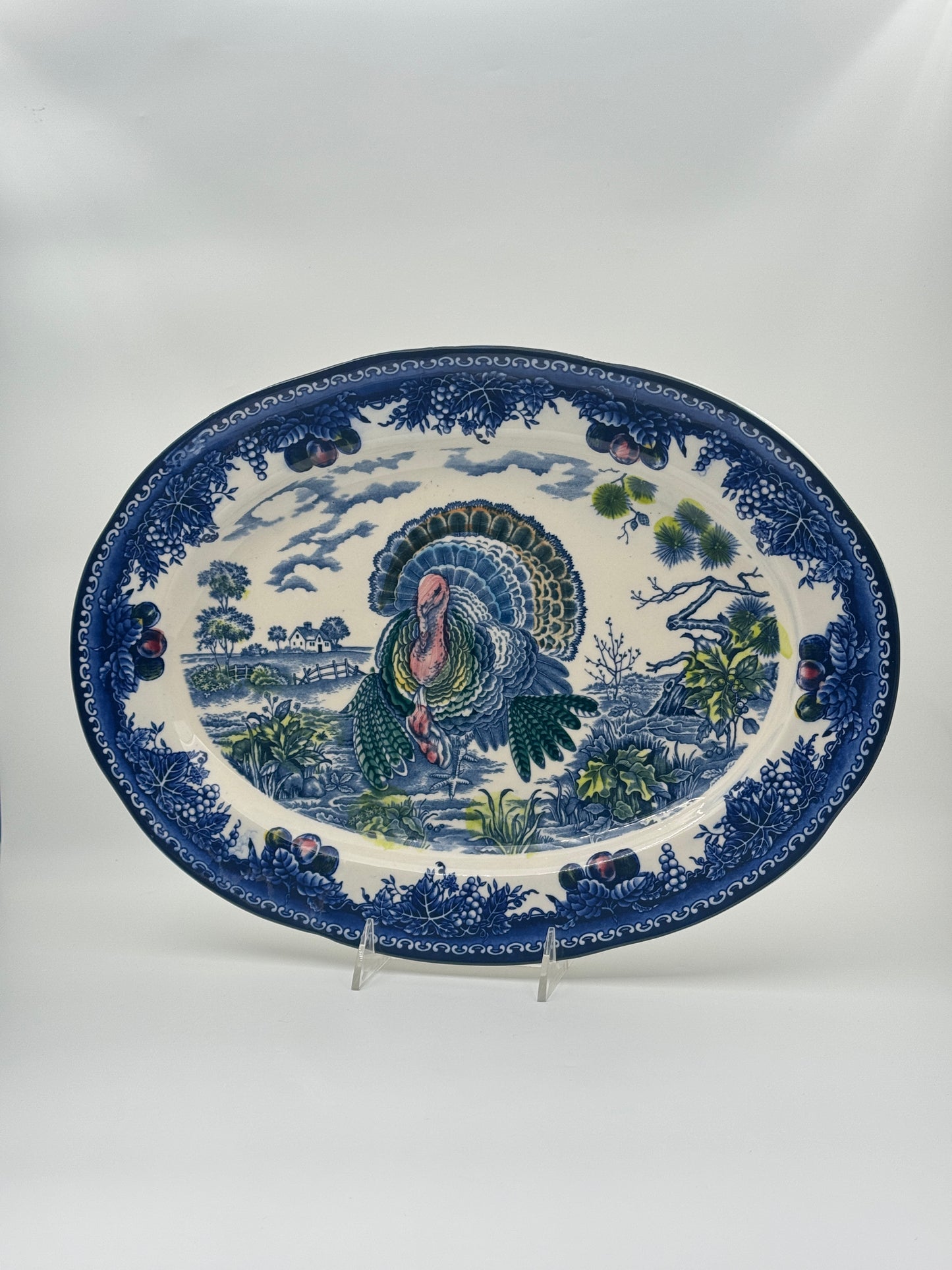 Ceramic Turkey Platter – Blue & White with Polychrome Accents – 20th Century