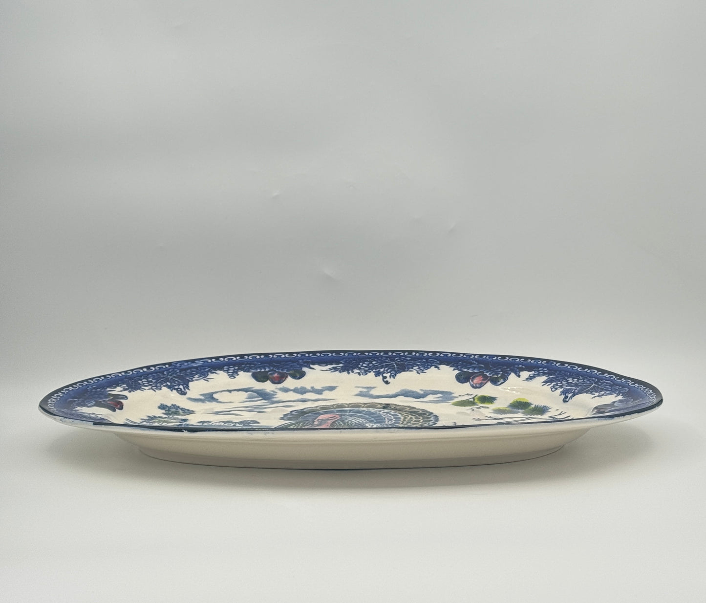 Ceramic Turkey Platter – Blue & White with Polychrome Accents – 20th Century