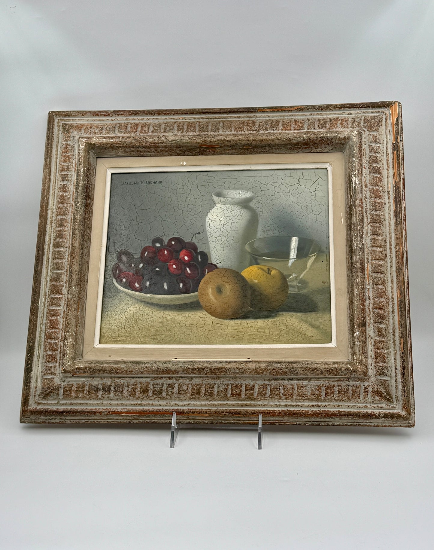 Jacques Blanchard (French, 1912–1992) – Still Life with Cherries, Green Apples, and White Vase – Oil on Board