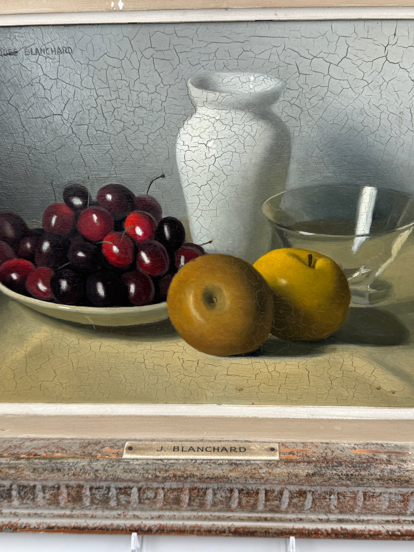 Jacques Blanchard (French, 1912–1992) – Still Life with Cherries, Green Apples, and White Vase – Oil on Board
