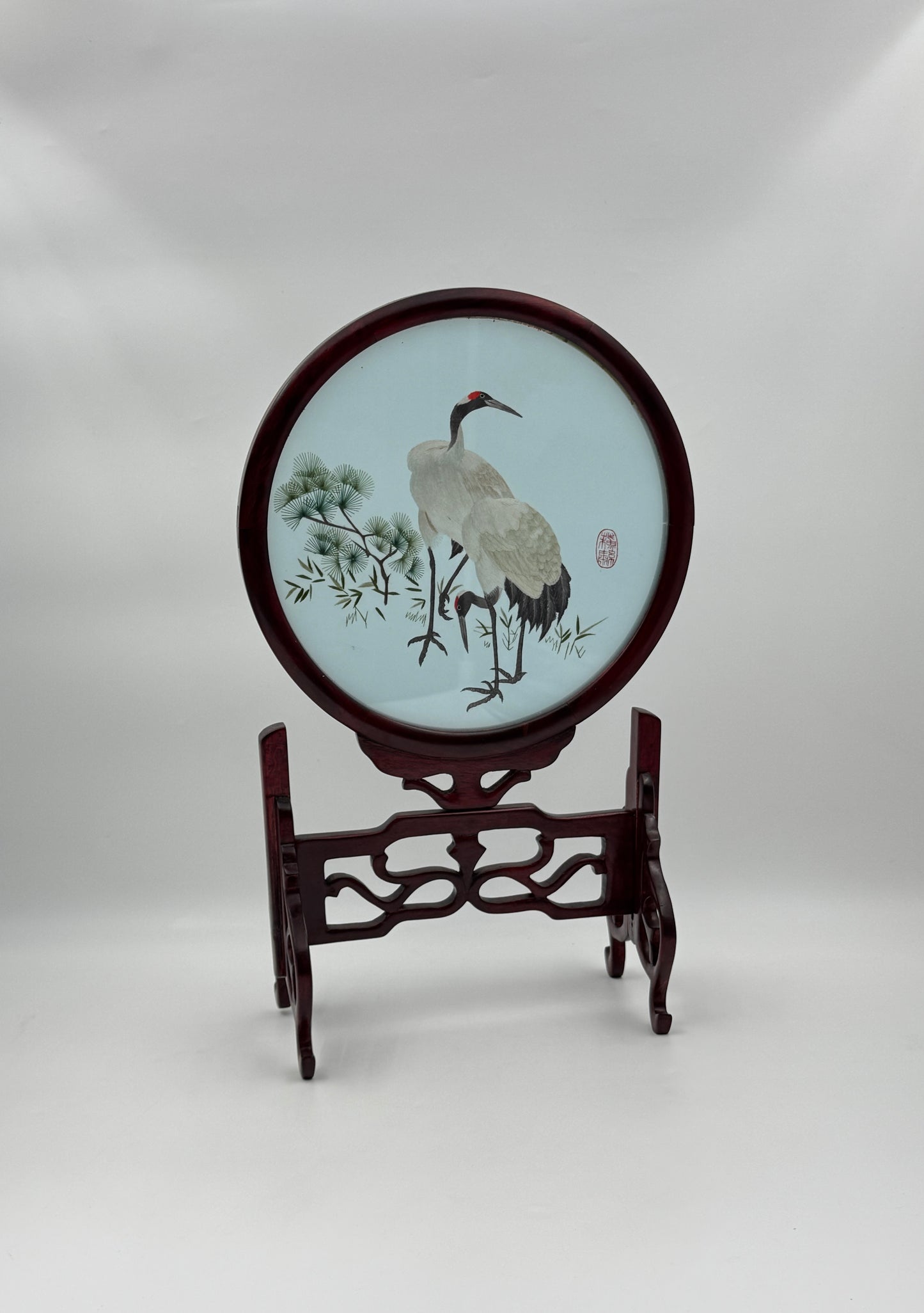 Chinese Embroidered Table Screen with Wooden Stand – Cranes & Pine Design