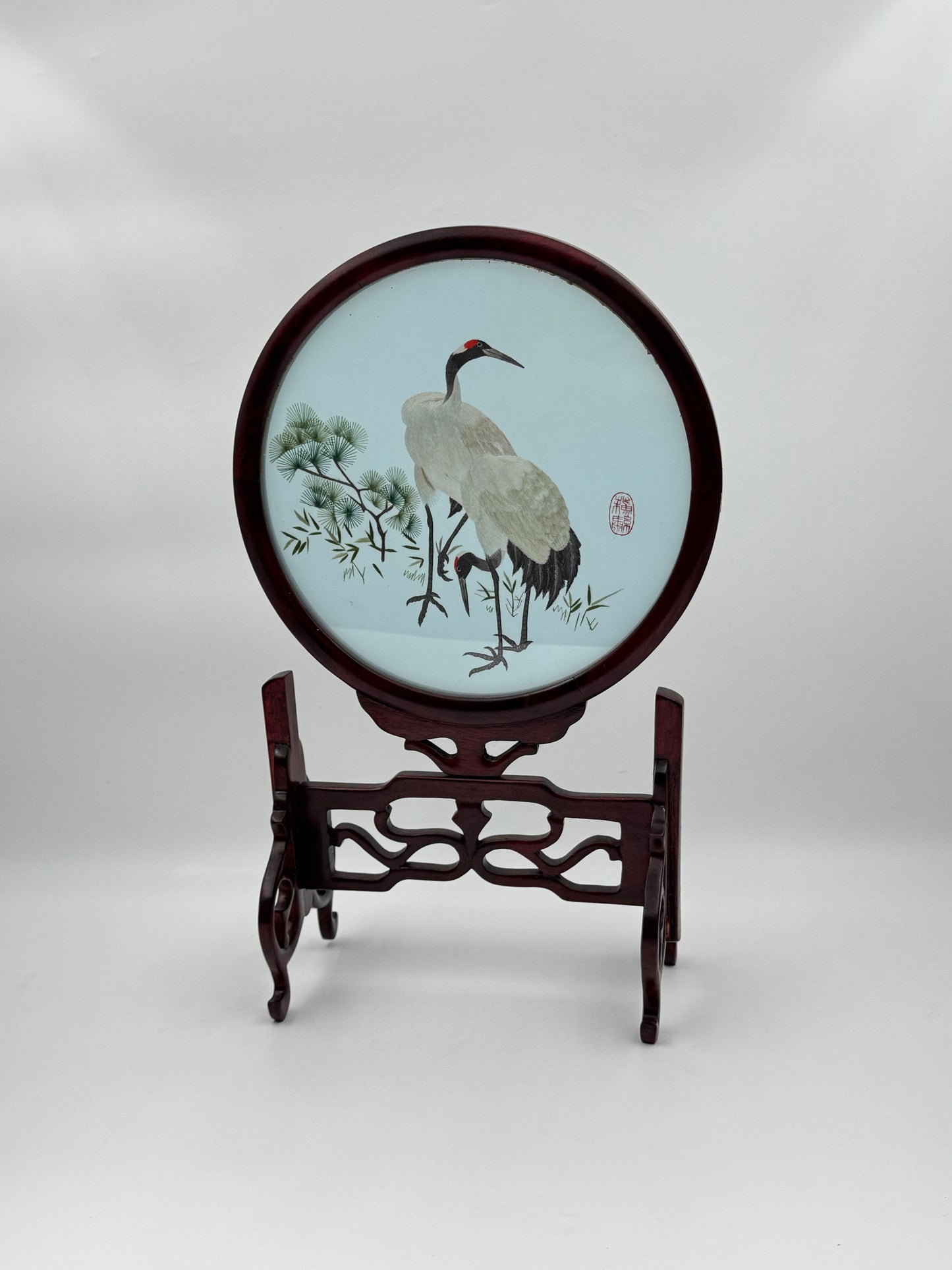 Chinese Embroidered Table Screen with Wooden Stand – Cranes & Pine Design