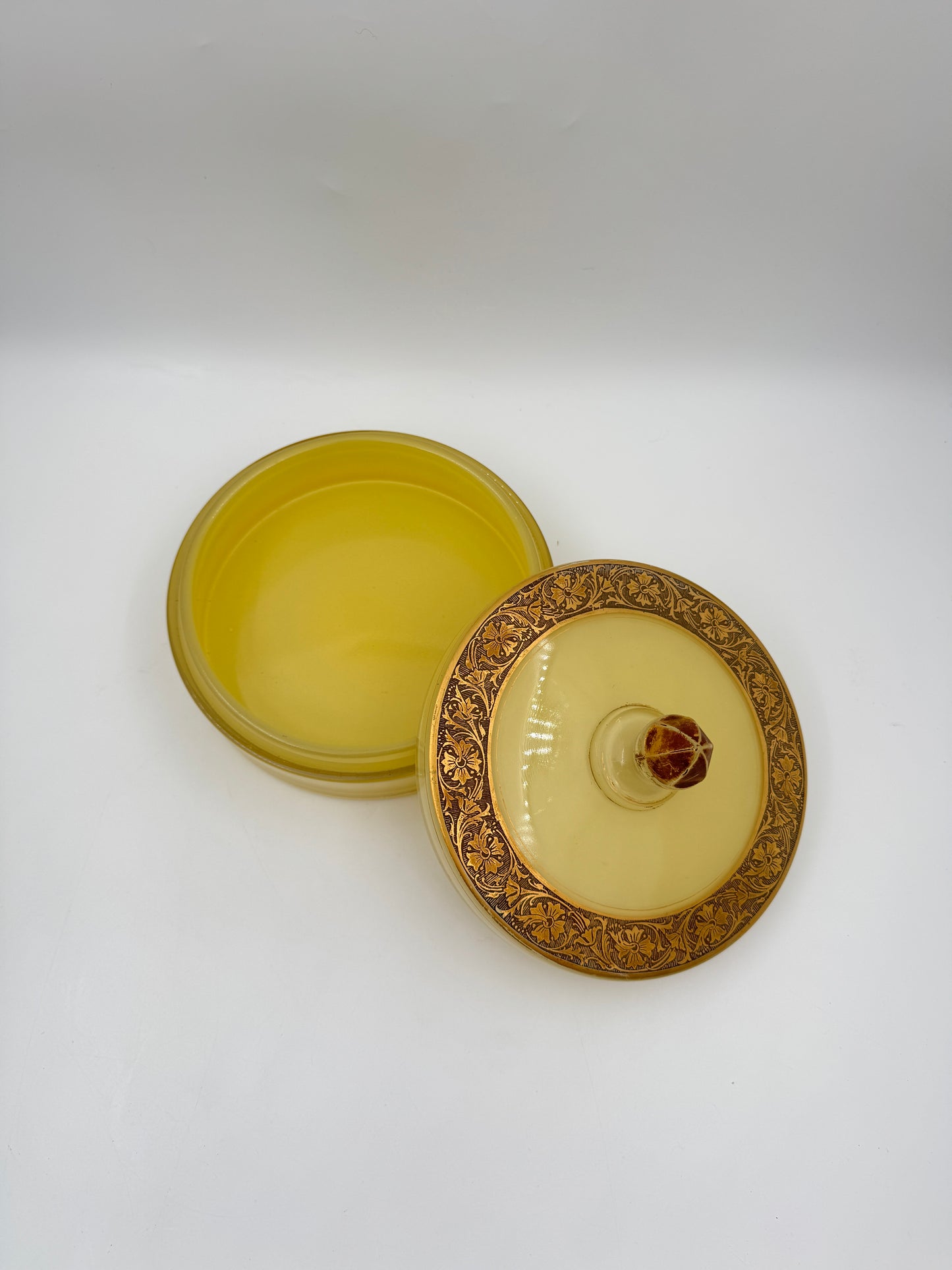 Yellow & Gold Glass Dish with Lid – Decorative Jar