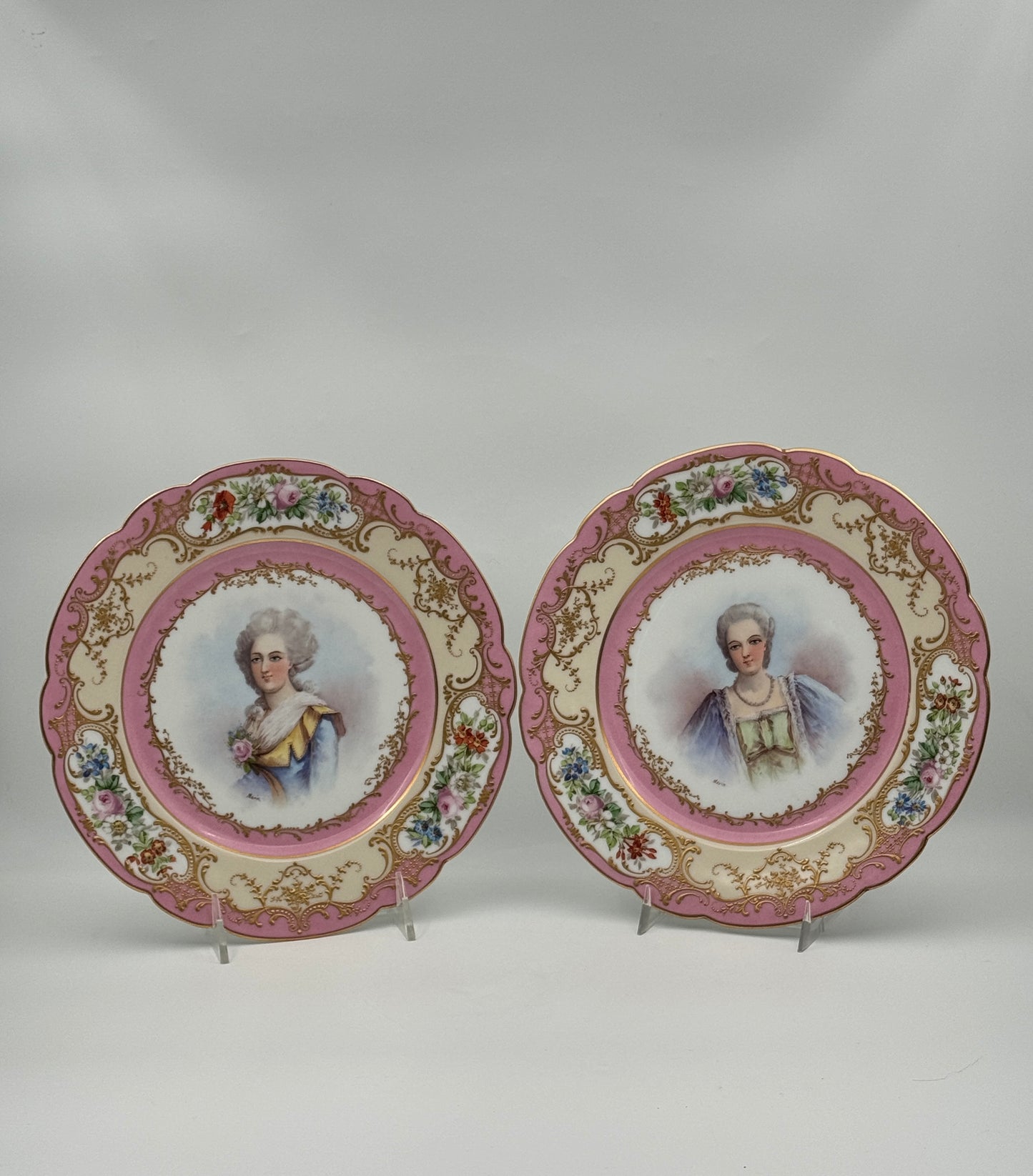 Pair of French Portrait Plates – Sevres Style, Pink & Gilt Rims