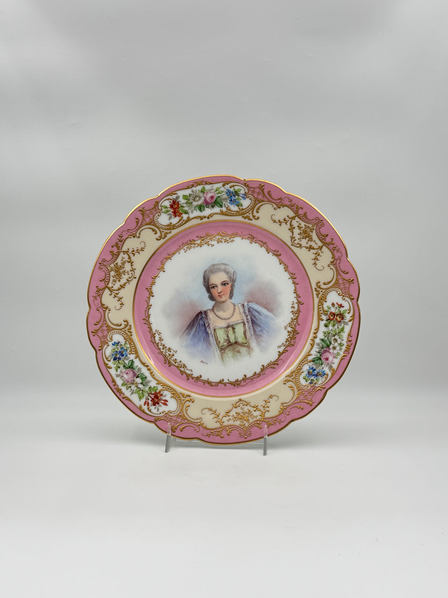 Pair of French Portrait Plates – Sevres Style, Pink & Gilt Rims