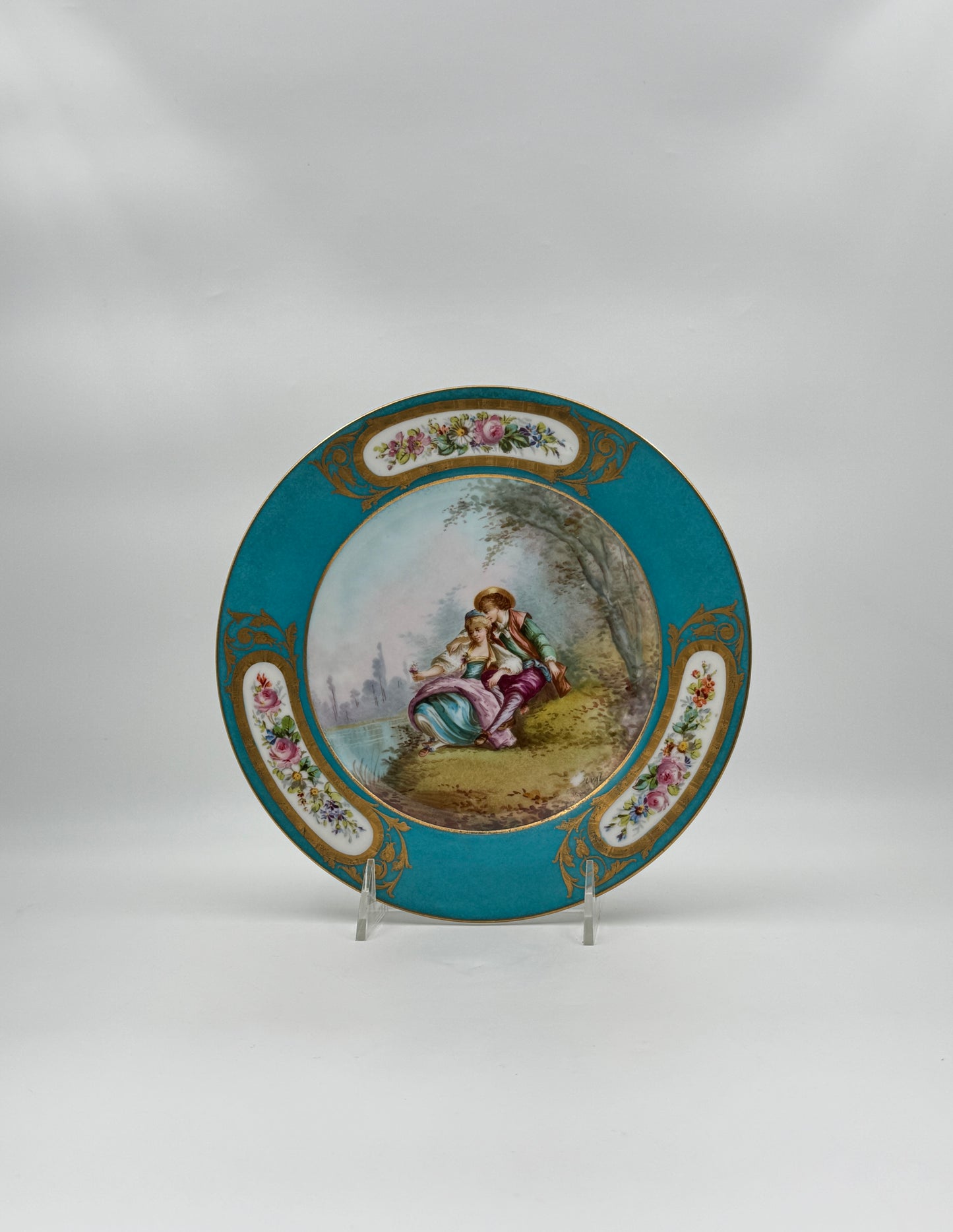 Set of 4 Sevres Style "Lovers" Plates – Blue Rim with Gilt