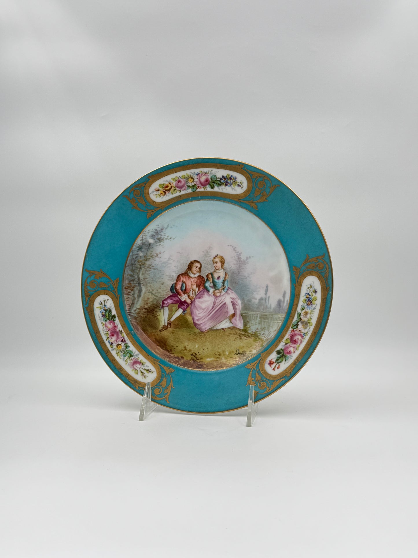 Set of 4 Sevres Style "Lovers" Plates – Blue Rim with Gilt